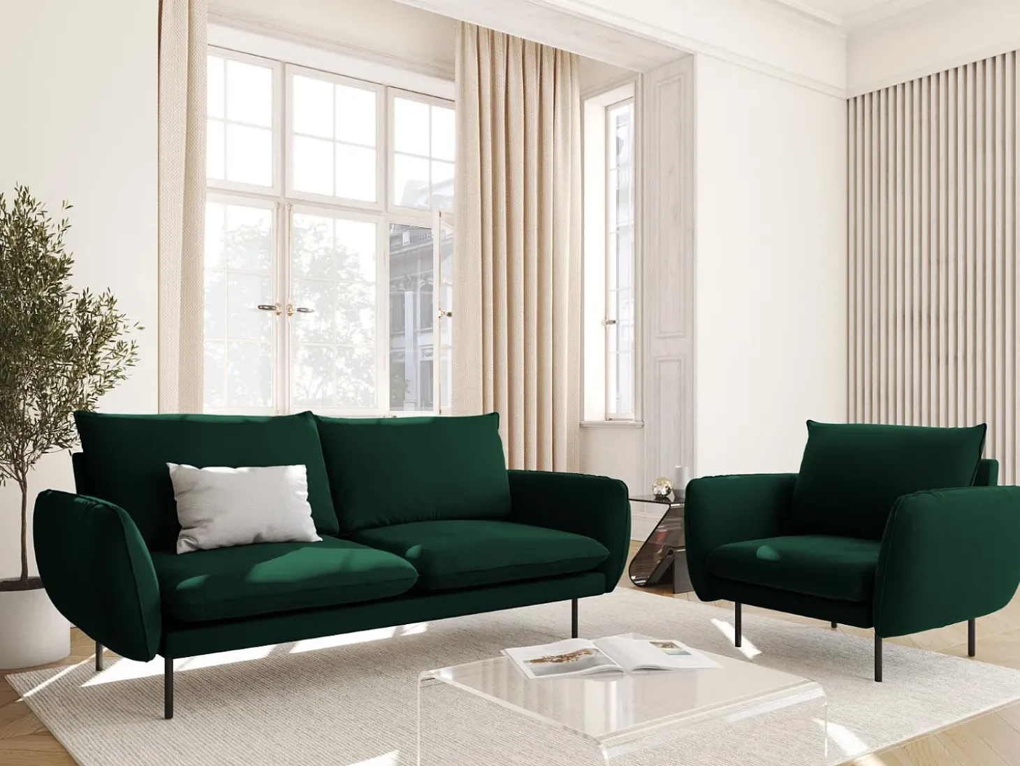 Cosmopolitan Design - Sofá "Vienna" 2 lugares em veludo verde garrafa - 160x92x95cm