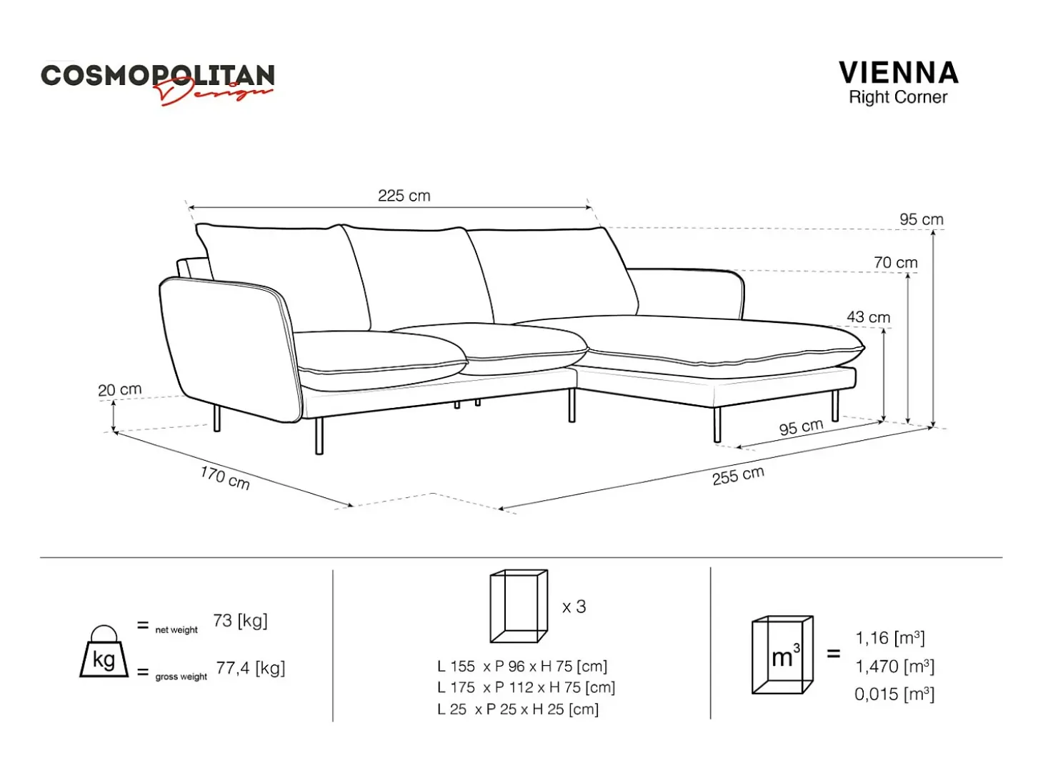 Cosmopolitan Design - Sofá de canto direito "Vienna" 5 lugares em veludo cinza claro - 255x170x95cm