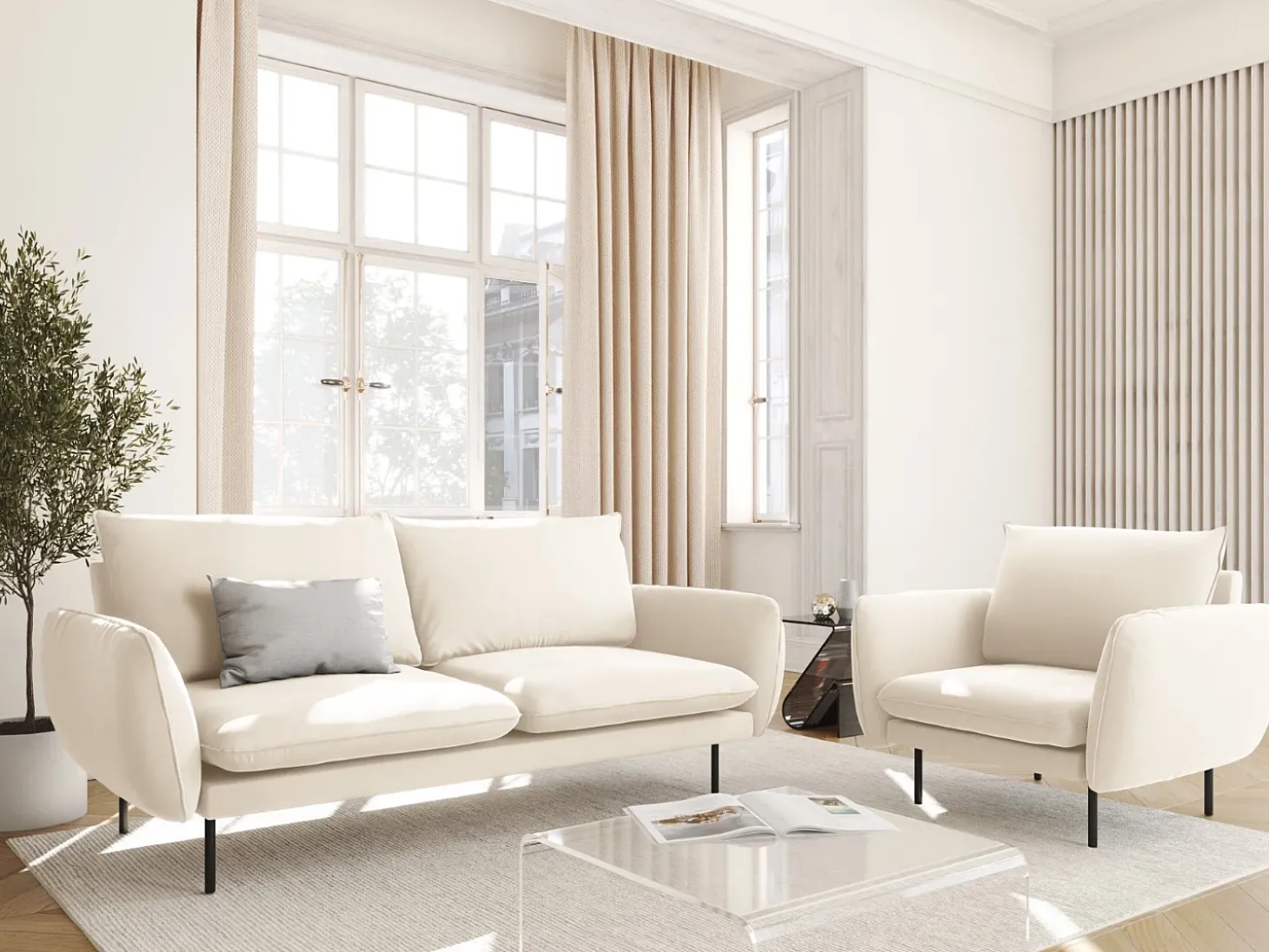 Cosmopolitan Design - Sofá "Vienna" 2 lugares em veludo bege claro - 160x92x95cm