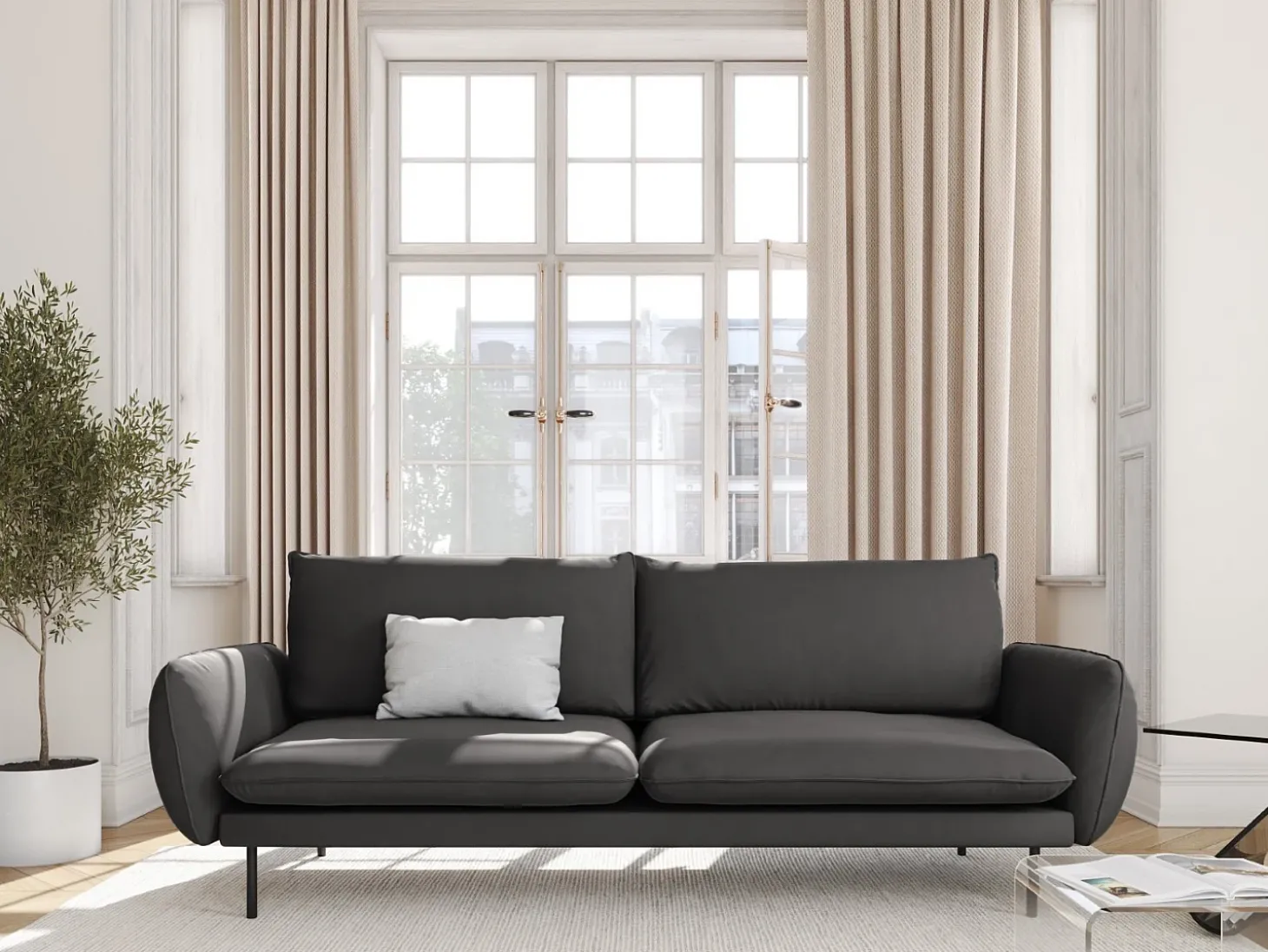 Cosmopolitan Design - Sofá "Vienna" 3 lugares em veludo cinza escuro - 200x92x95cm