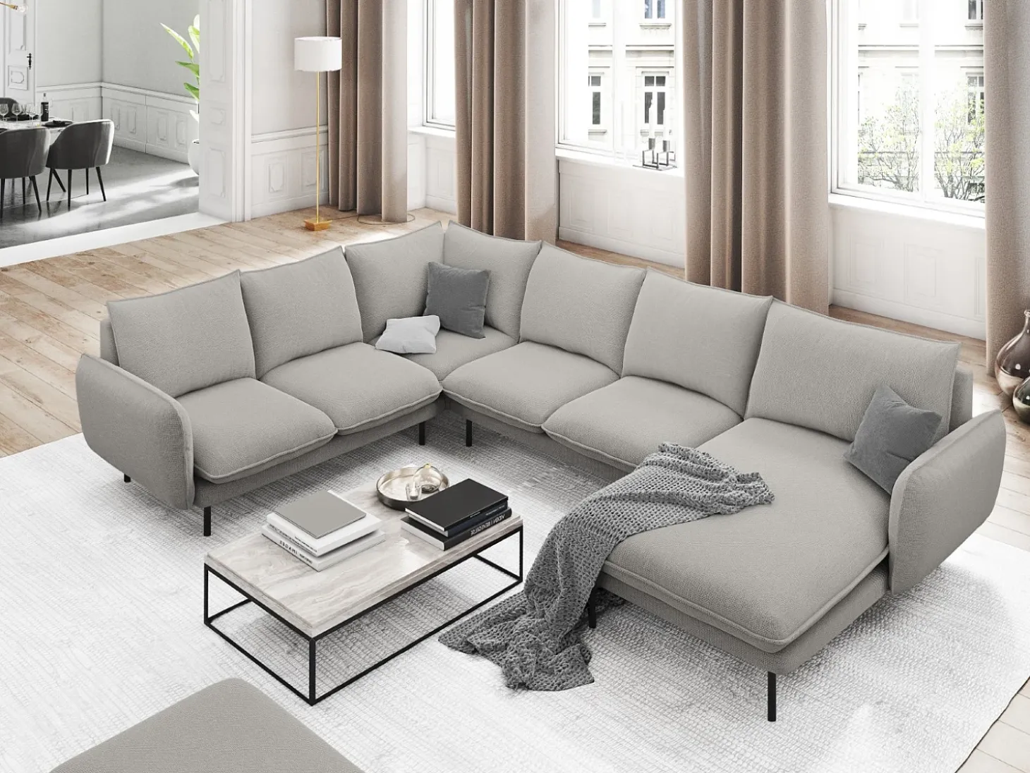 Cosmopolitan Design - Sofá de canto panorâmico à esquerda "Vienna" 7 lugares em tecido estrutural cinza claro - 330x235x95cm