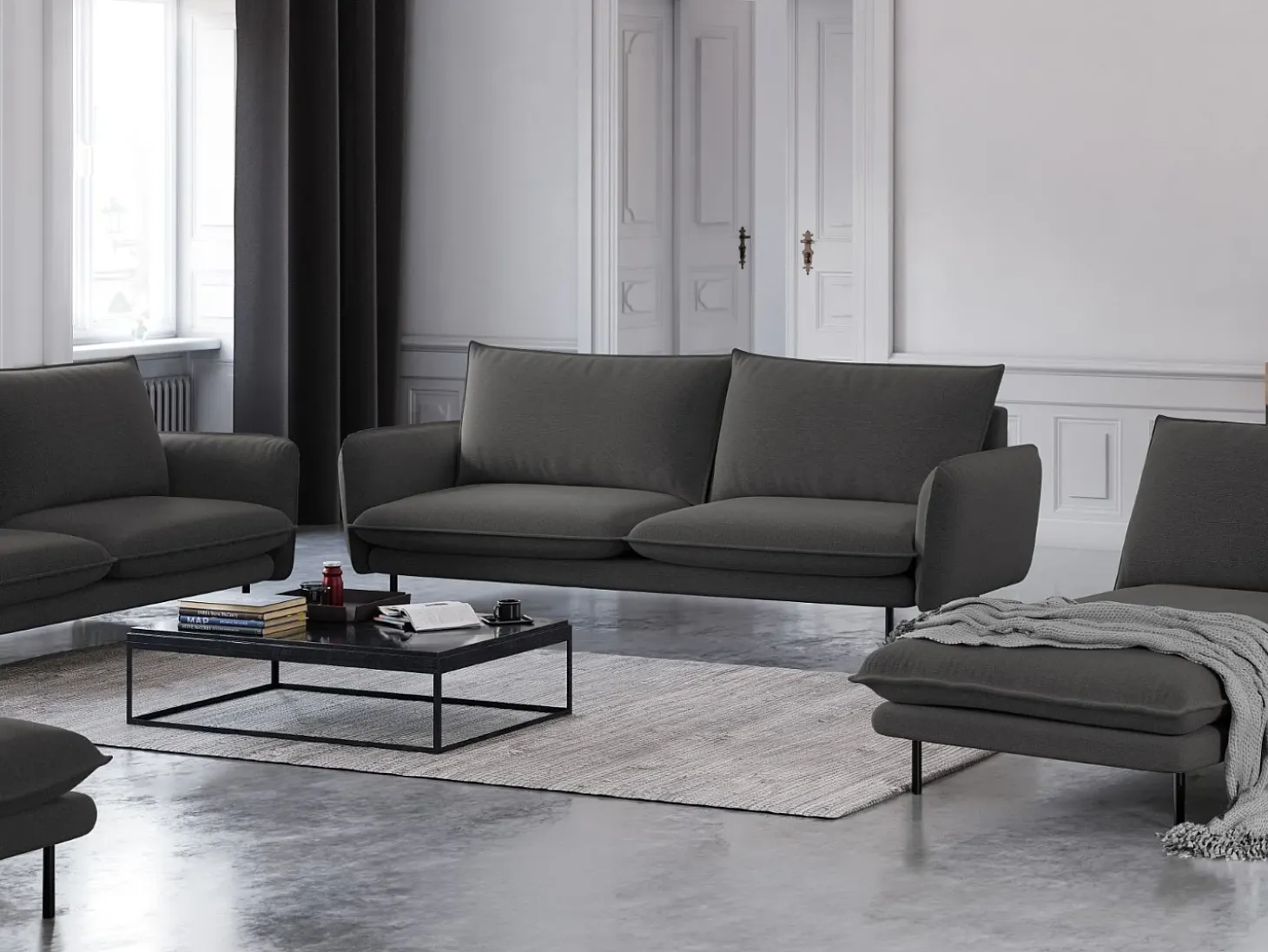 Cosmopolitan Design - Sofá "Vienna" 4 lugares em tecido estrutural cinza escuro - 230x92x95cm