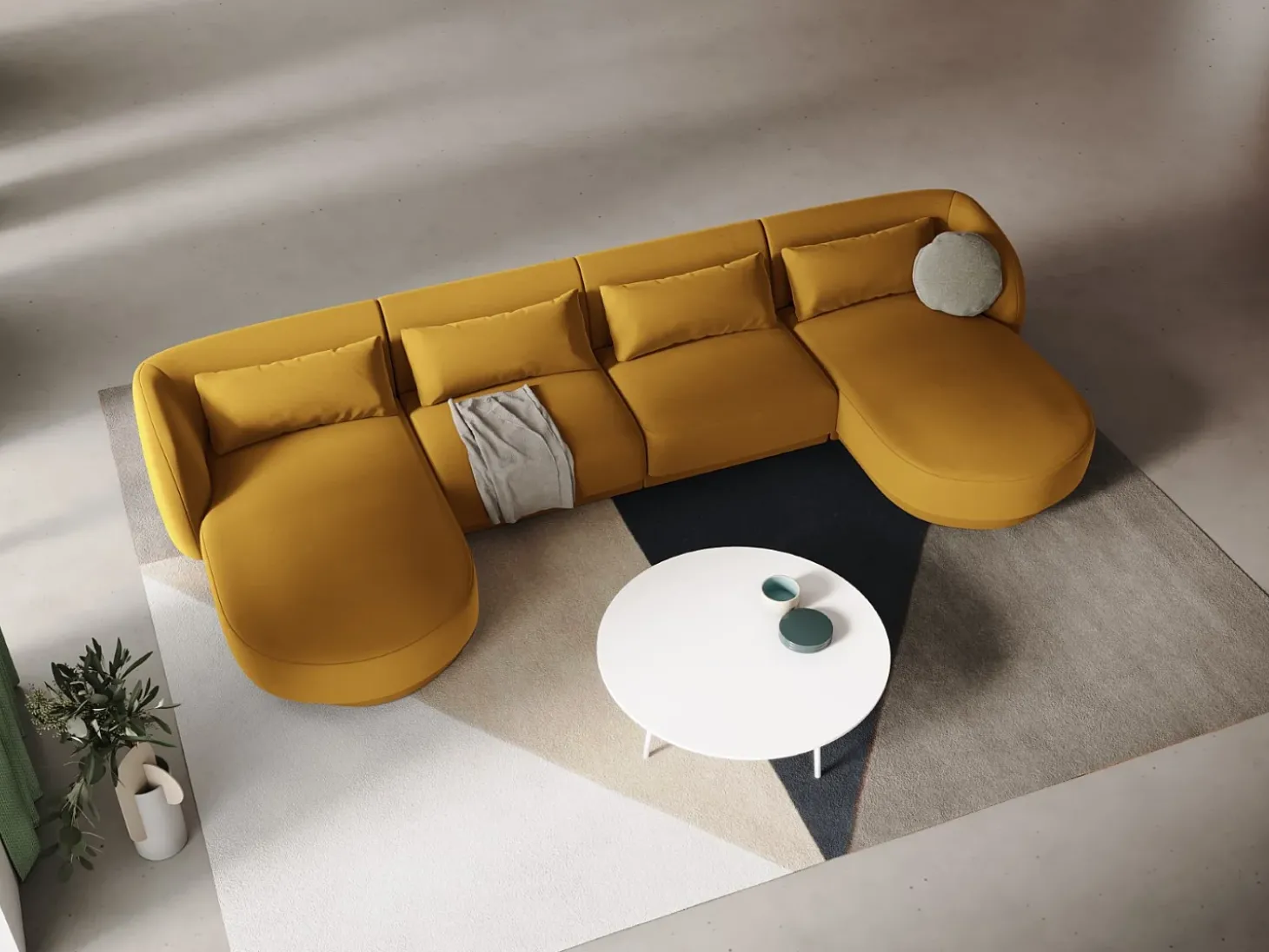 Cosmopolitan Design - Sofá panorâmico "Tulum" 5 lugares em veludo amarelo - 330x156x70cm