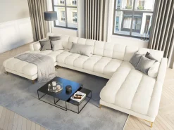 Cosmopolitan Design - Sofá panorâmico "Bali" 7 lugares em veludo bege claro - 383x185x75cm