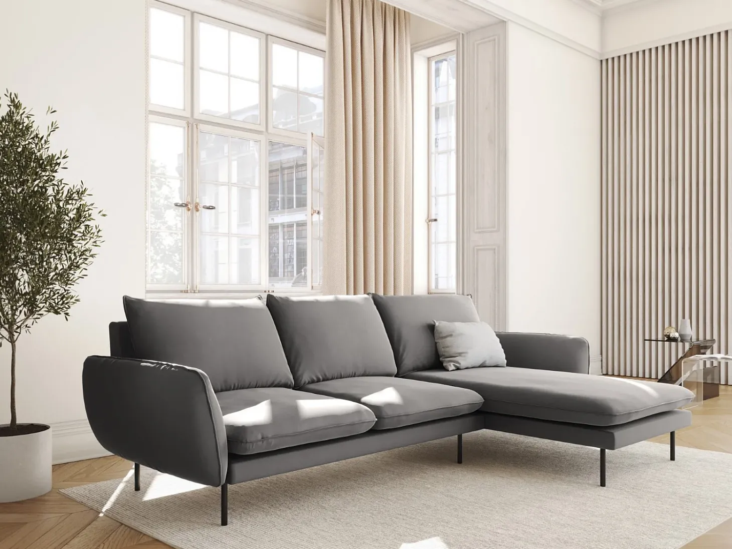 Cosmopolitan Design - Sofá de canto direito "Vienna" 5 lugares em veludo cinza claro - 255x170x95cm