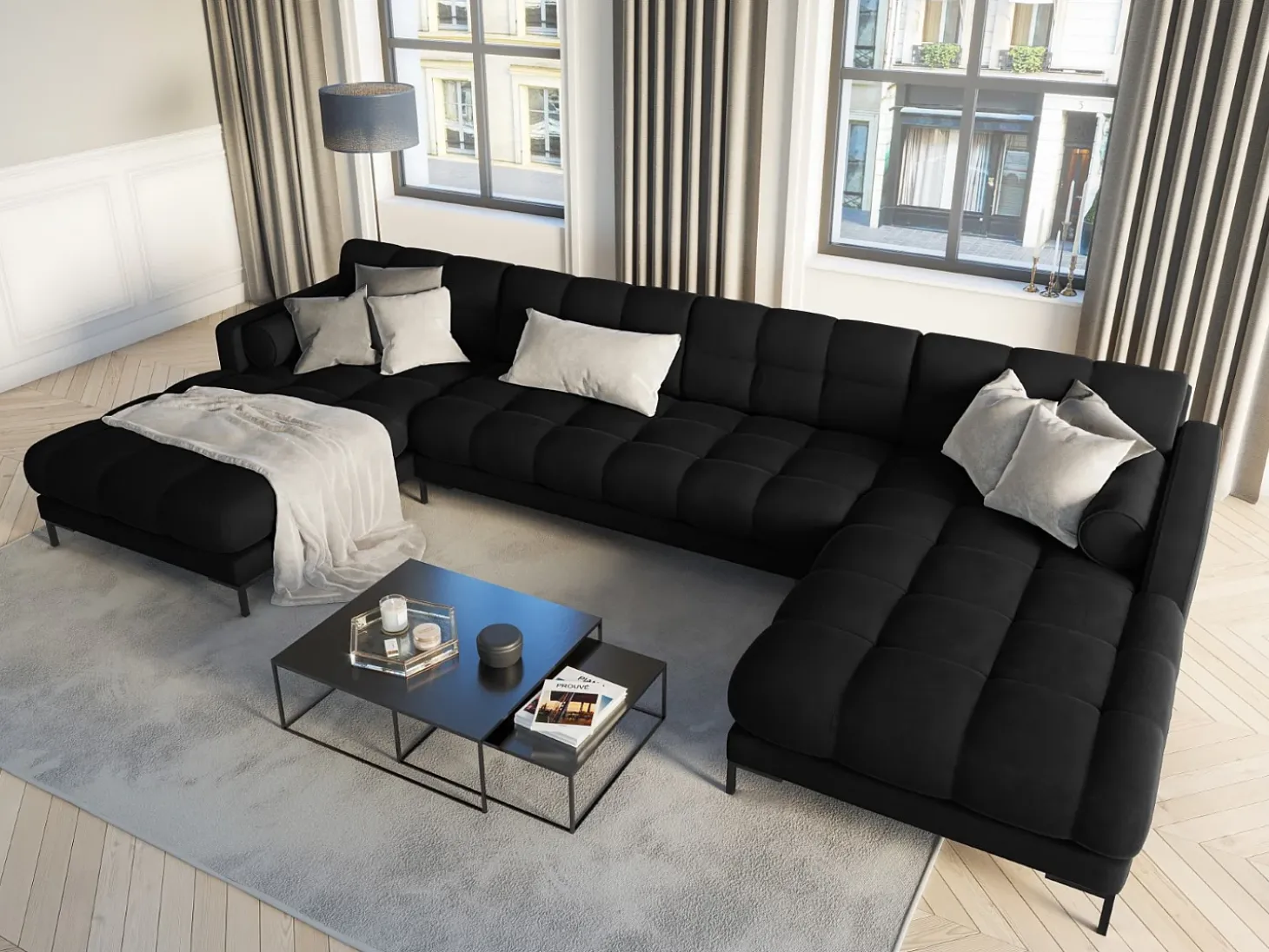 Cosmopolitan Design - Sofá panorâmico "Bali" 7 lugares em veludo preto - 383x185x75cm