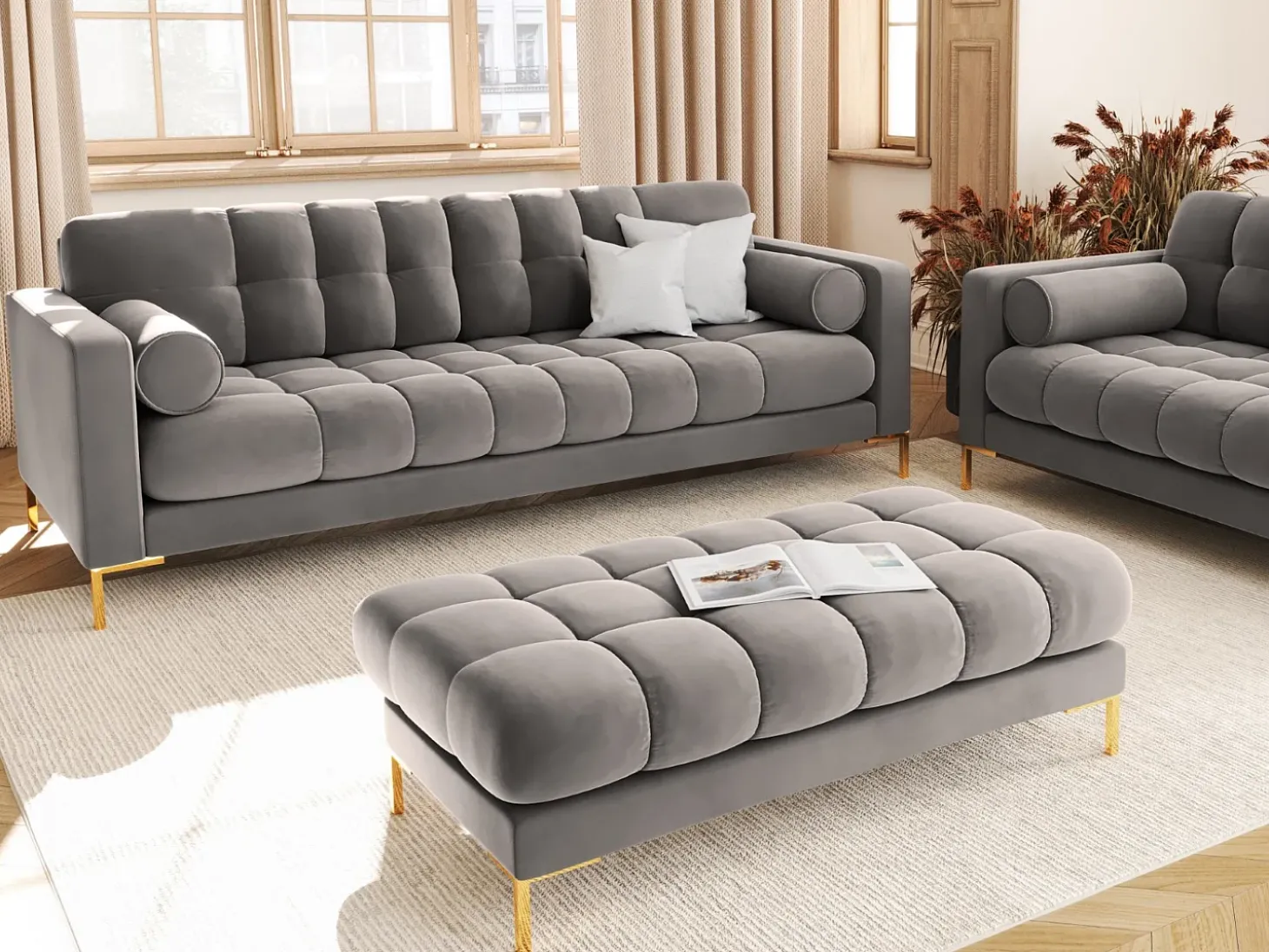 Cosmopolitan Design - Sofá "Bali" 3 lugares em veludo cinza claro - 177x92x75cm