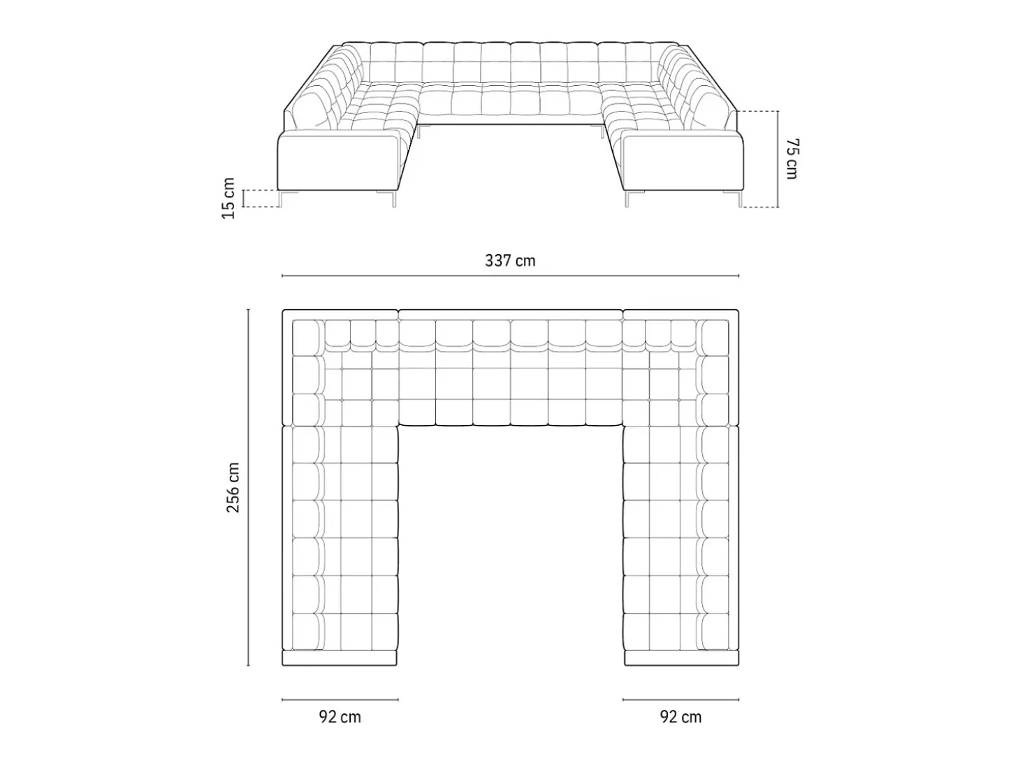 Cosmopolitan Design - Sofá panorâmico "Bali" 9 lugares em veludo cinza claro - 327x256x75cm
