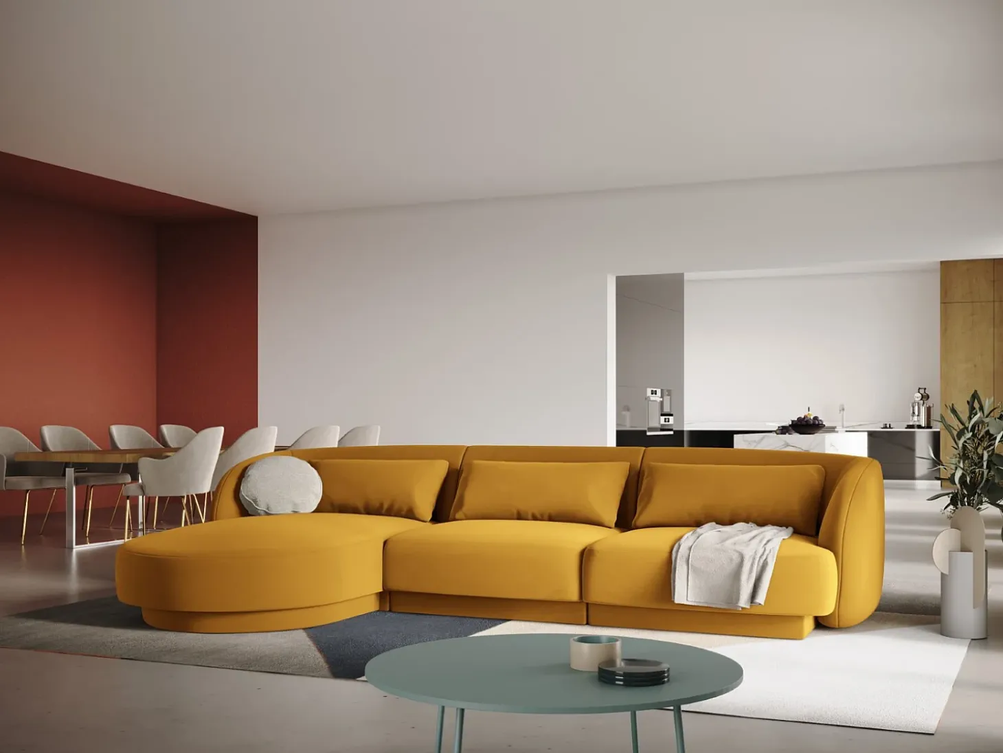 Cosmopolitan Design - Sofá de canto esquerdo "Tulum" 4 lugares em veludo amarelo - 255x156x70cm