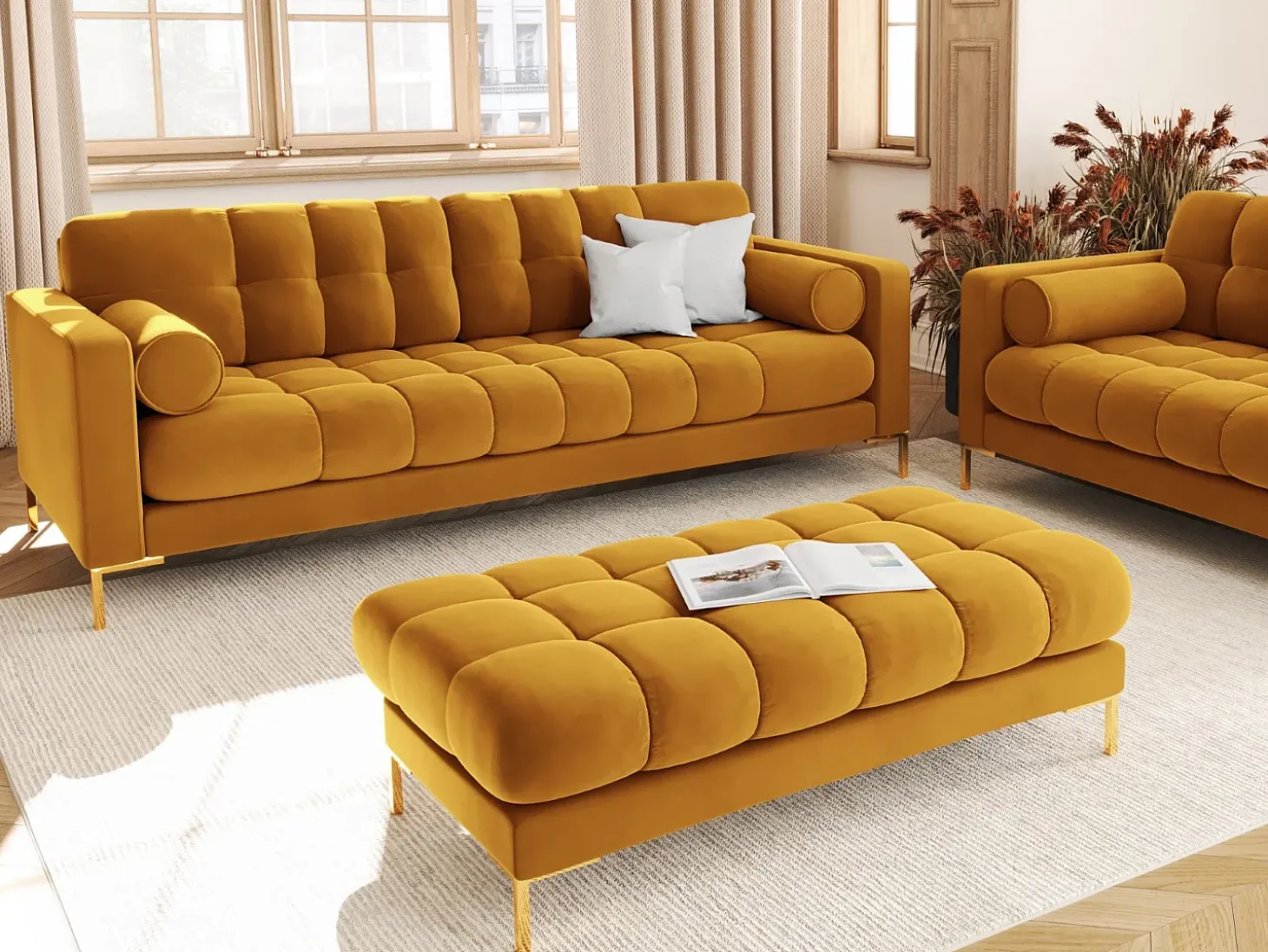 Cosmopolitan Design - Sofá "Bali" 3 lugares em veludo amarelo - 177x92x75cm