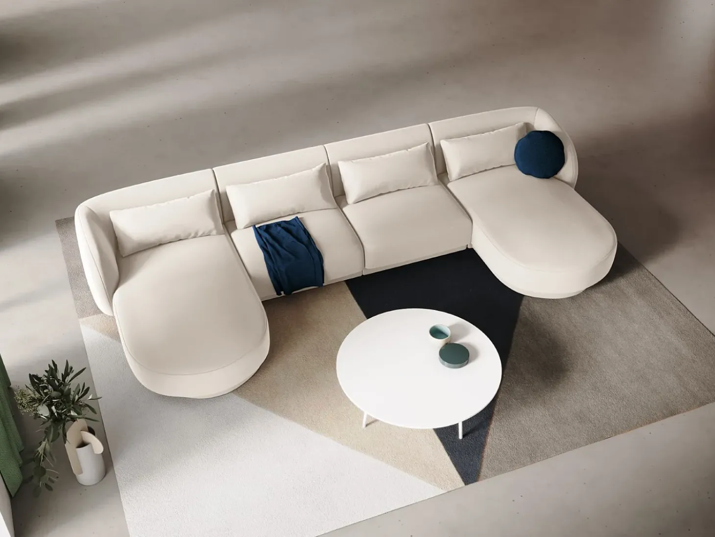 Cosmopolitan Design - Sofá panorâmico "Tulum" 5 lugares em veludo bege claro - 330x156x70cm