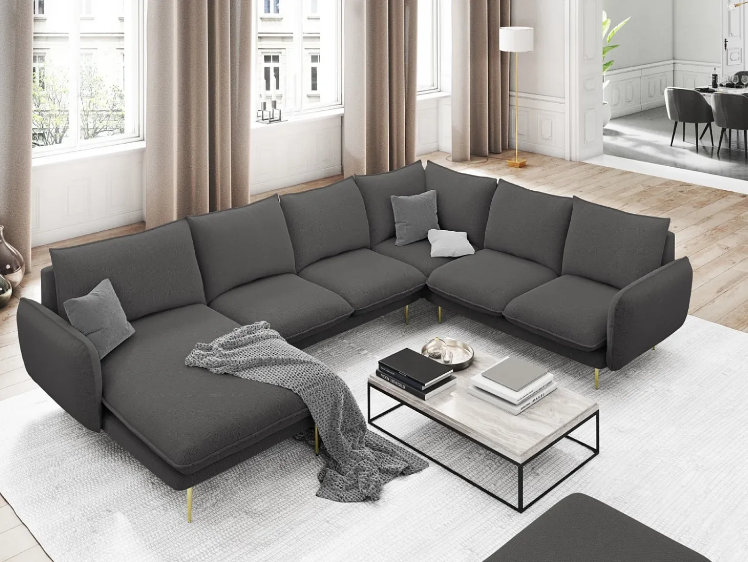 Cosmopolitan Design - Sofá de canto direito panorâmico "Vienna" 7 lugares em tecido estrutural cinza escuro - 330x235x95cm