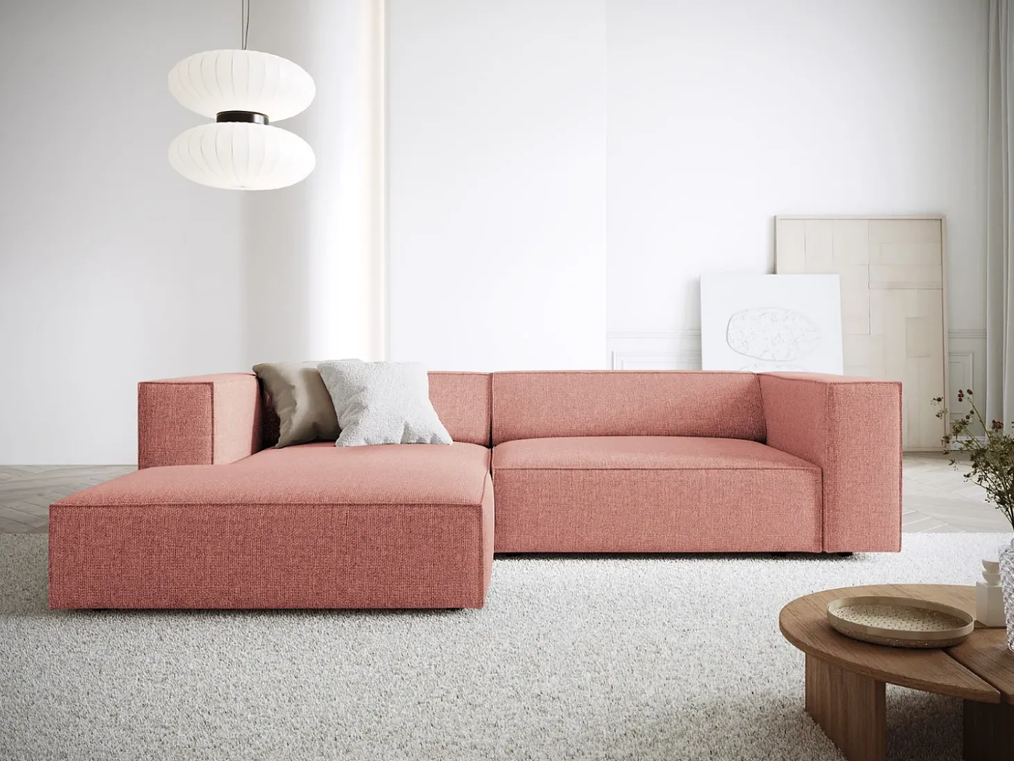 Cosmopolitan Design - Sofá de canto esquerdo "Arendal" 3 lugares em tecido chenille rosa - 224x166x70cm