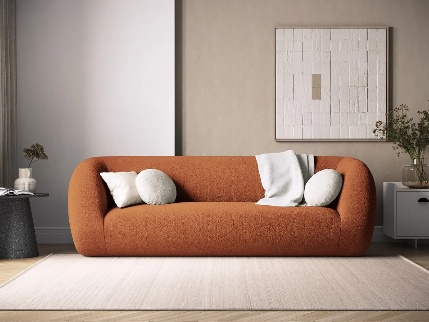 Cosmopolitan Design - Sofá "Essen" 3 lugares em tecido bouclé marrom - 230x95x86cm