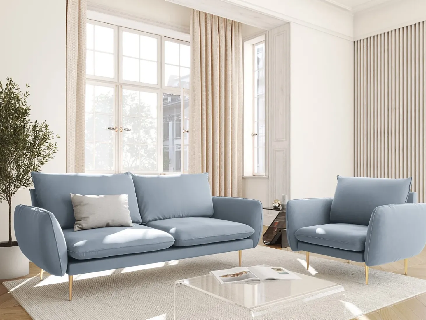 Cosmopolitan Design - Sofá "Vienna" 2 lugares em veludo azul claro - 160x92x95cm