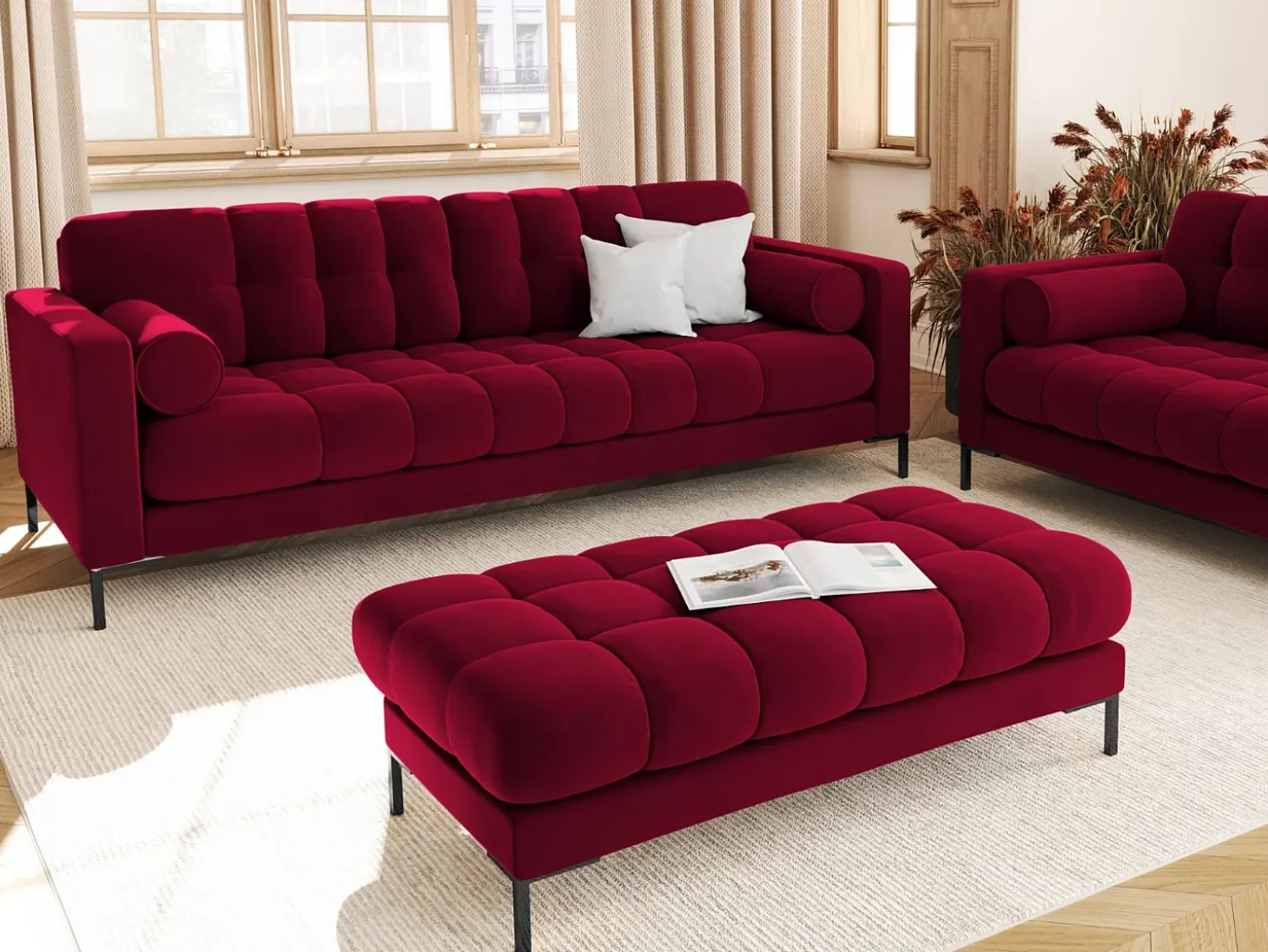 Cosmopolitan Design - Sofá "Bali" 4 lugares em veludo vermelho - 217x92x75cm