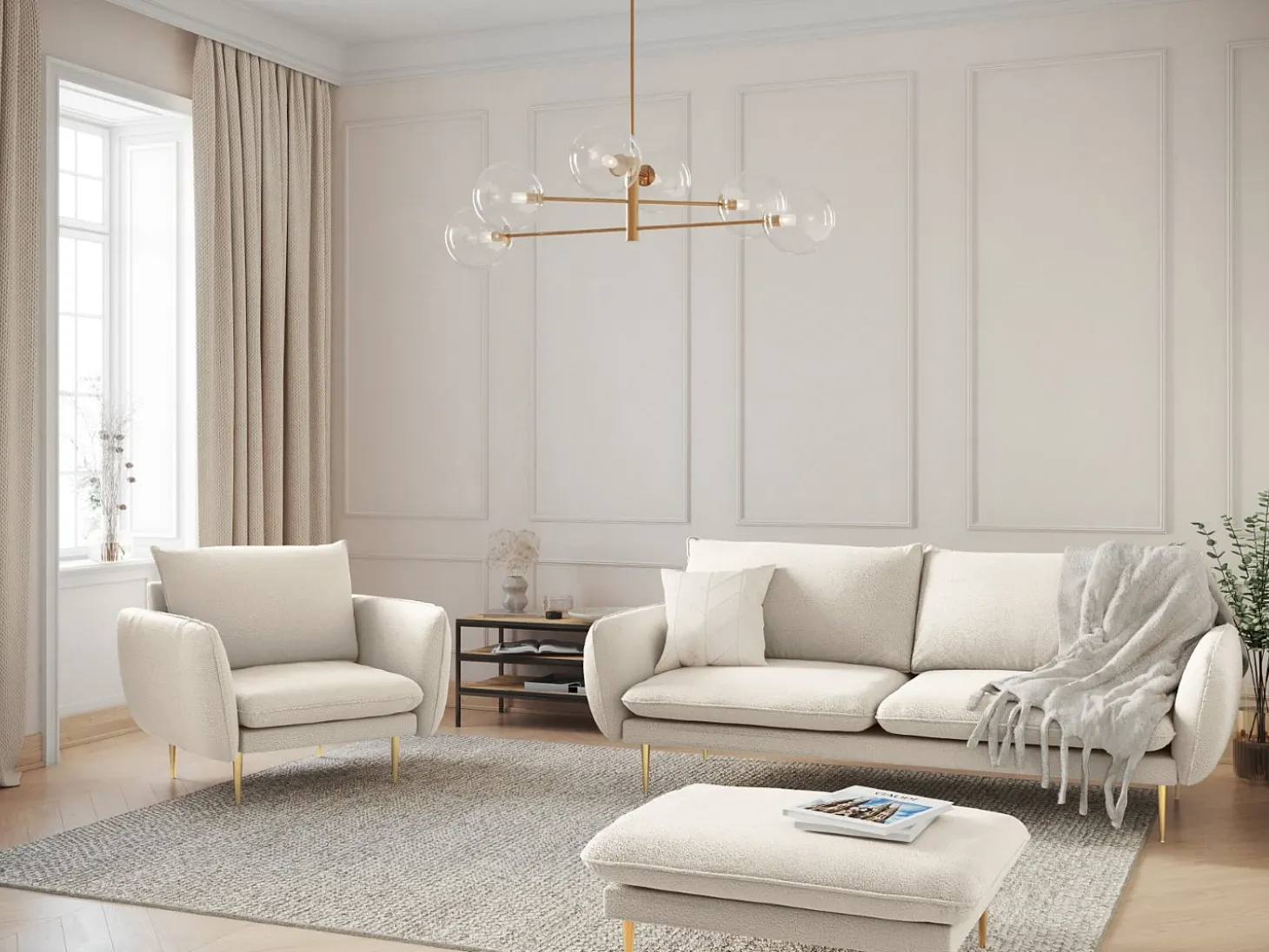 Cosmopolitan Design - Sofá "Vienna" 3 lugares em tecido bouclé bege - 200x92x95cm