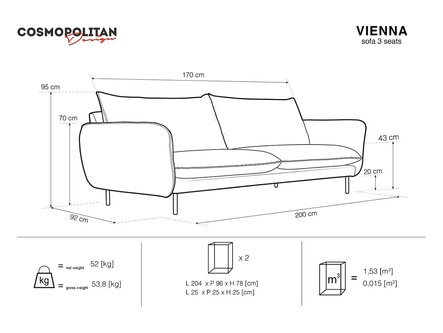 Cosmopolitan Design - Sofá "Vienna" 3 lugares em tecido bouclé bege - 200x92x95cm