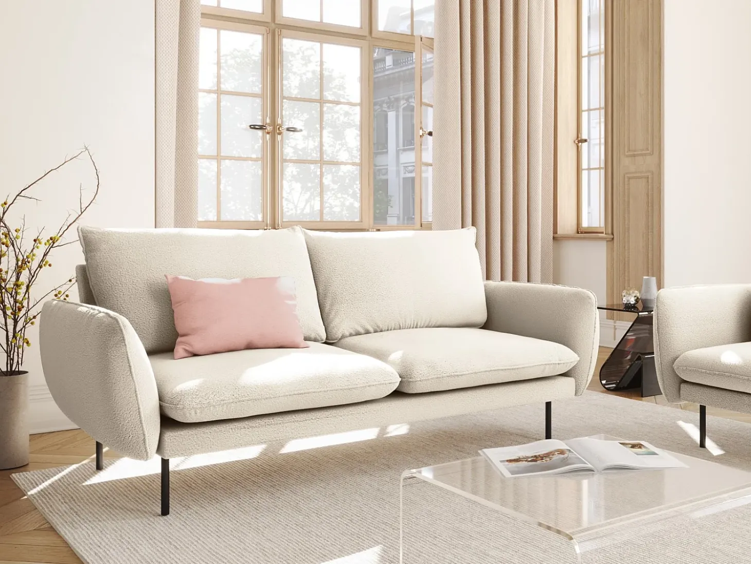 Cosmopolitan Design - Sofá "Vienna" 3 lugares em tecido bouclé bege - 200x92x95cm