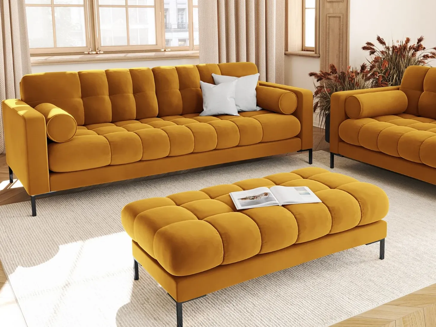 Cosmopolitan Design - Sofá "Bali" 3 lugares em veludo amarelo - 177x92x75cm