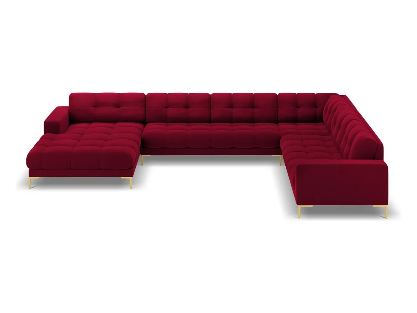 Cosmopolitan Design - Sofá de canto direito panorâmico "Bali" 7 lugares em veludo vermelho - 327x256x75cm