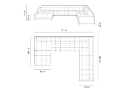 Cosmopolitan Design - Sofá de canto direito panorâmico "Bali" 7 lugares em veludo vermelho - 327x256x75cm