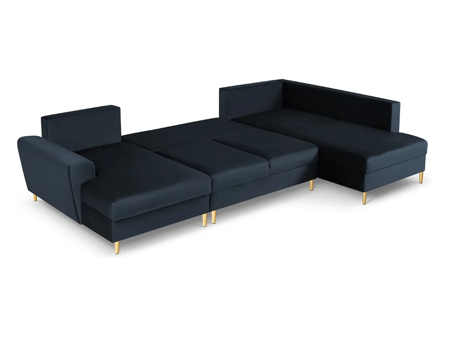 Cosmopolitan Design - Sofá panorâmico convertível em linha reta com caixa de arrumação "Kyoto" 7 lugares em veludo azul escuro - 313x194x88cm