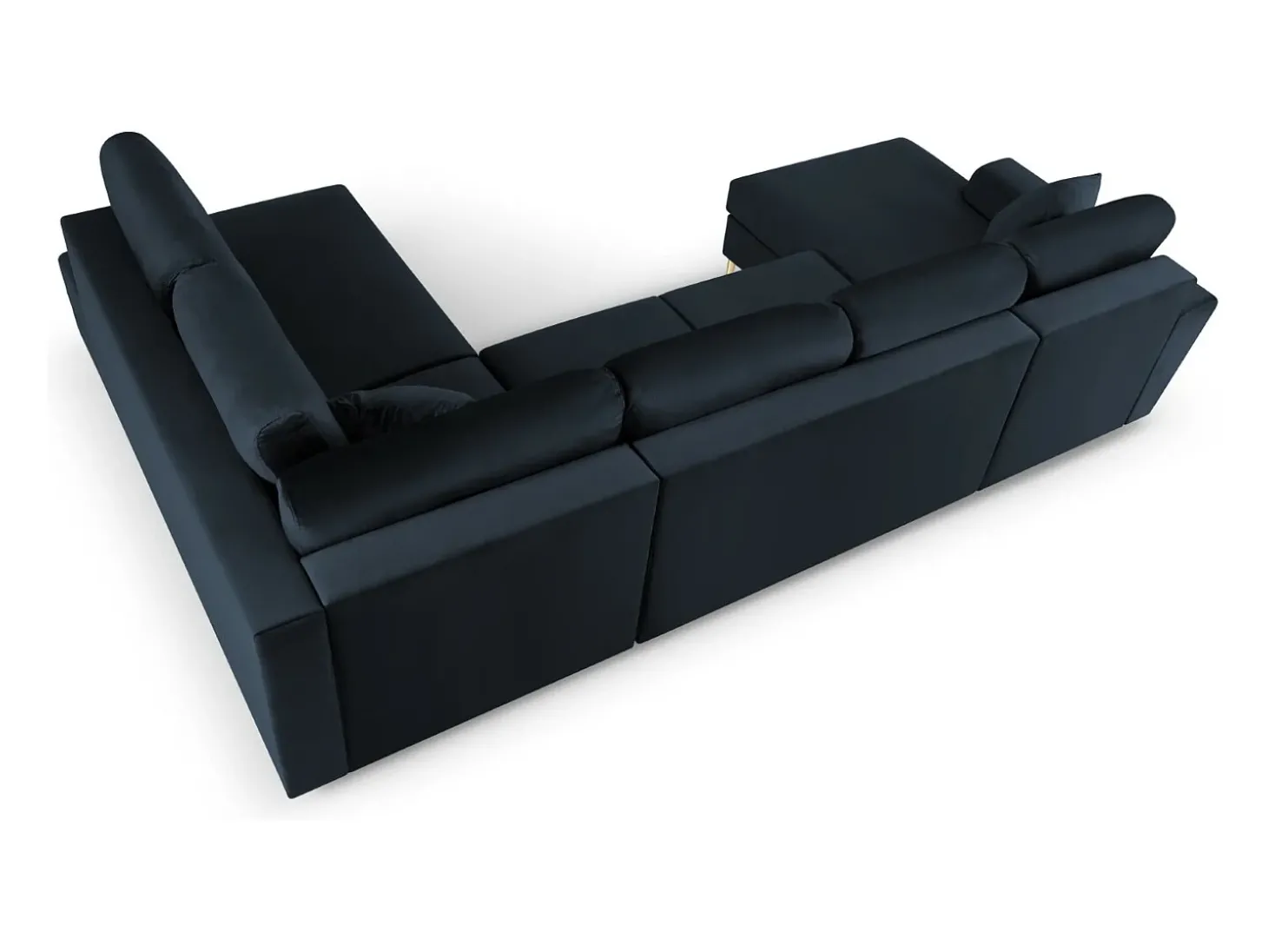 Cosmopolitan Design - Sofá panorâmico convertível em linha reta com caixa de arrumação "Kyoto" 7 lugares em veludo azul escuro - 313x194x88cm