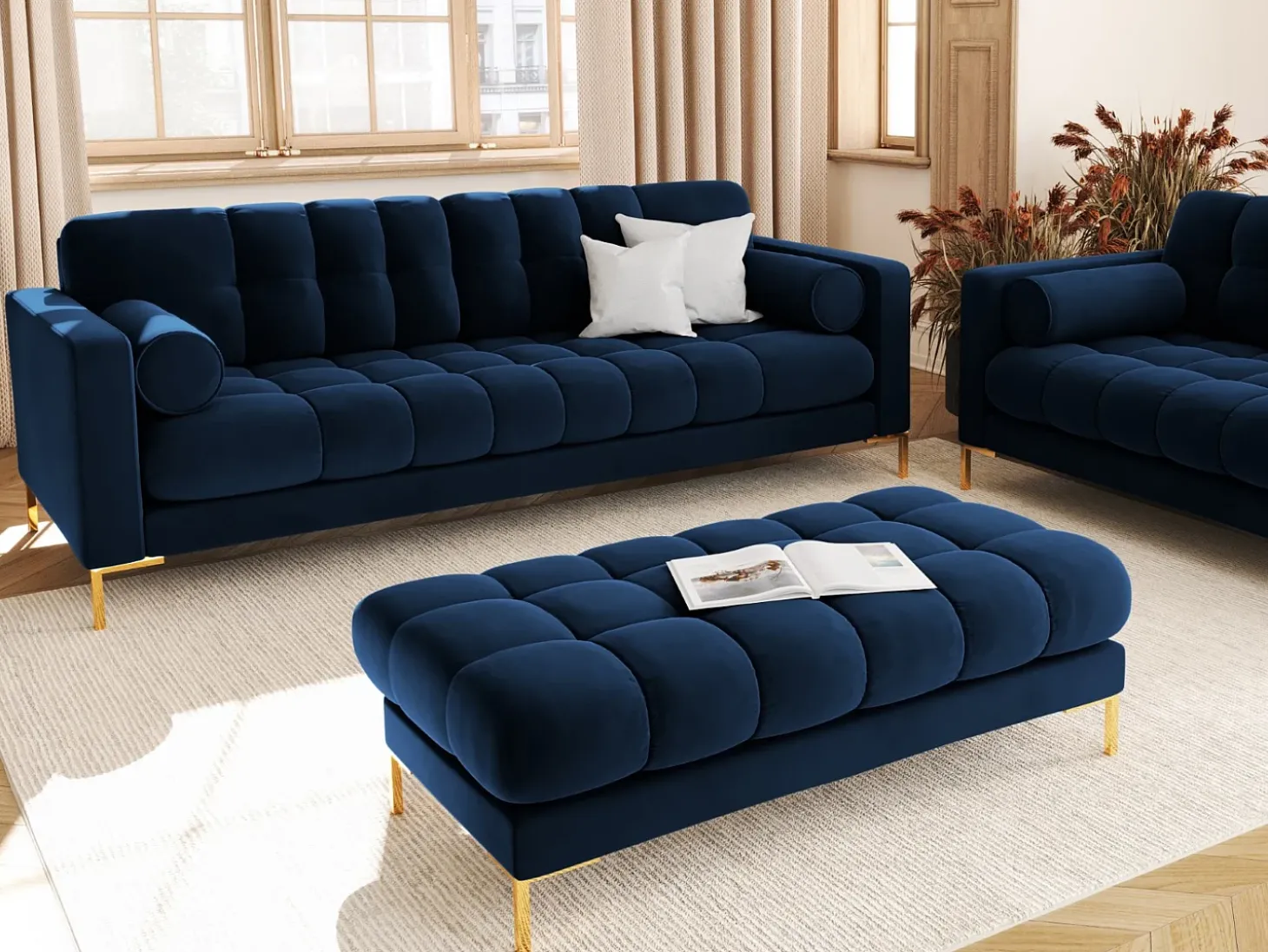 Cosmopolitan Design - Sofá "Bali" 4 lugares em veludo azul real - 217x92x75cm