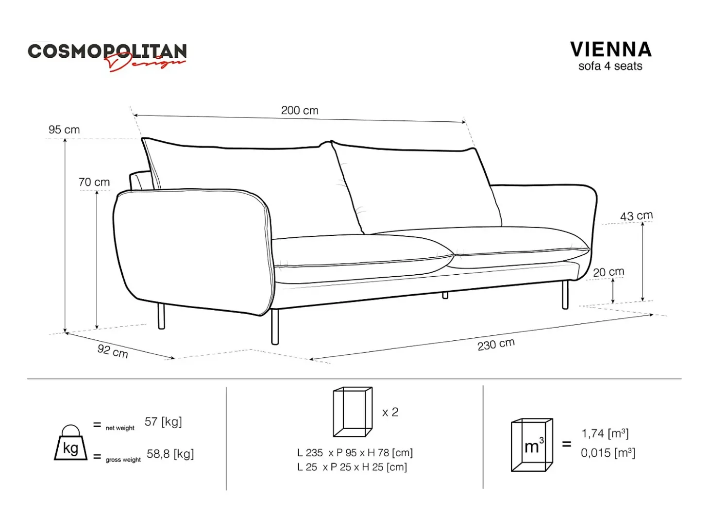 Cosmopolitan Design - Sofá "Vienna" 4 lugares em veludo azul claro - 230x92x95cm