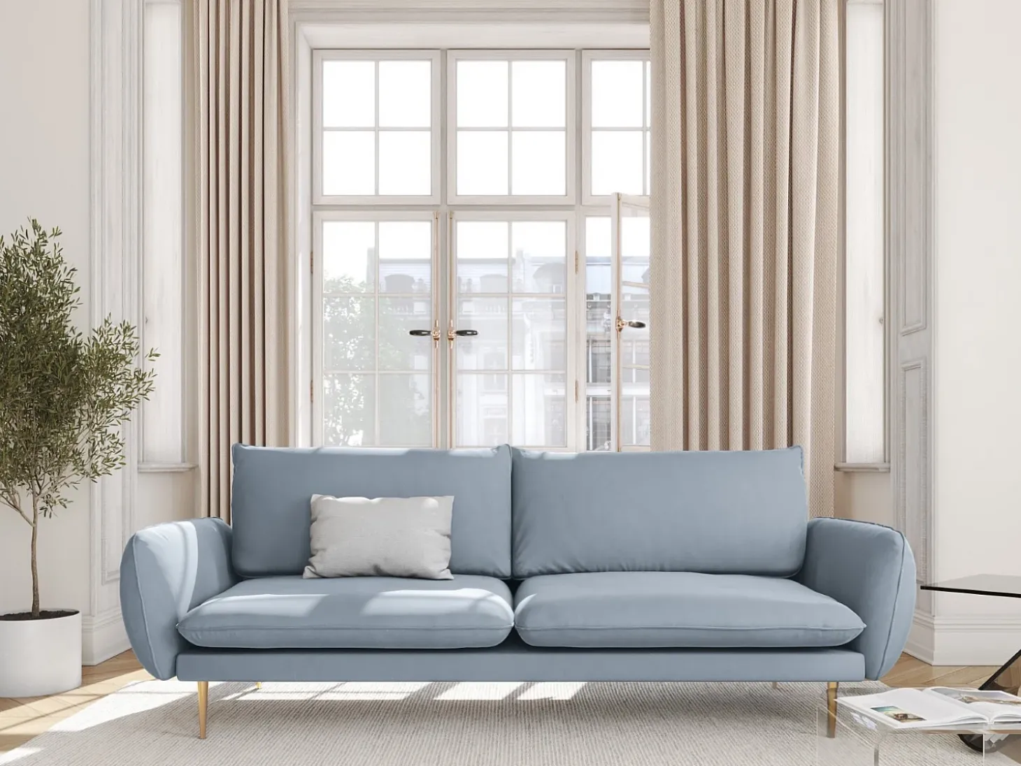Cosmopolitan Design - Sofá "Vienna" 4 lugares em veludo azul claro - 230x92x95cm