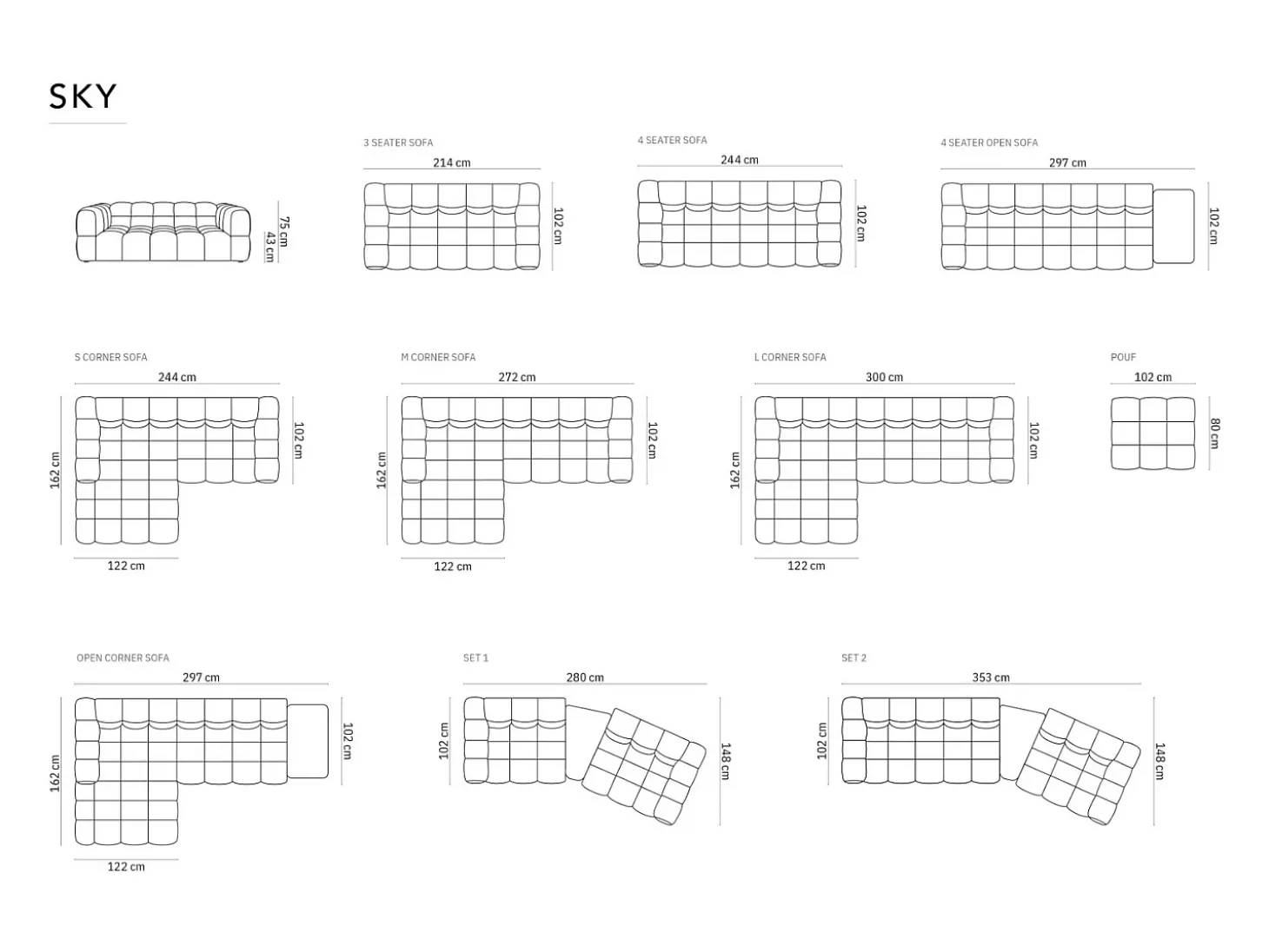 Cosmopolitan Design - Sofá modular "Sky" 2 lugares em veludo verde claro - 280x148x75cm