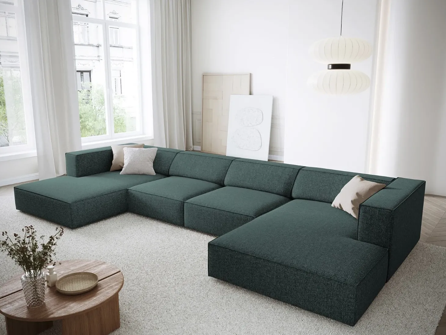 Cosmopolitan Design - Sofá panorâmico "Arendal" 6 lugares em tecido chenille petróleo - 364x166x70cm