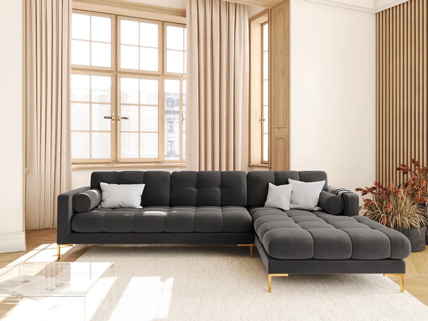 Cosmopolitan Design - Sofá de canto direito "Bali" 5 lugares em veludo cinza escuro - 293x185x75cm