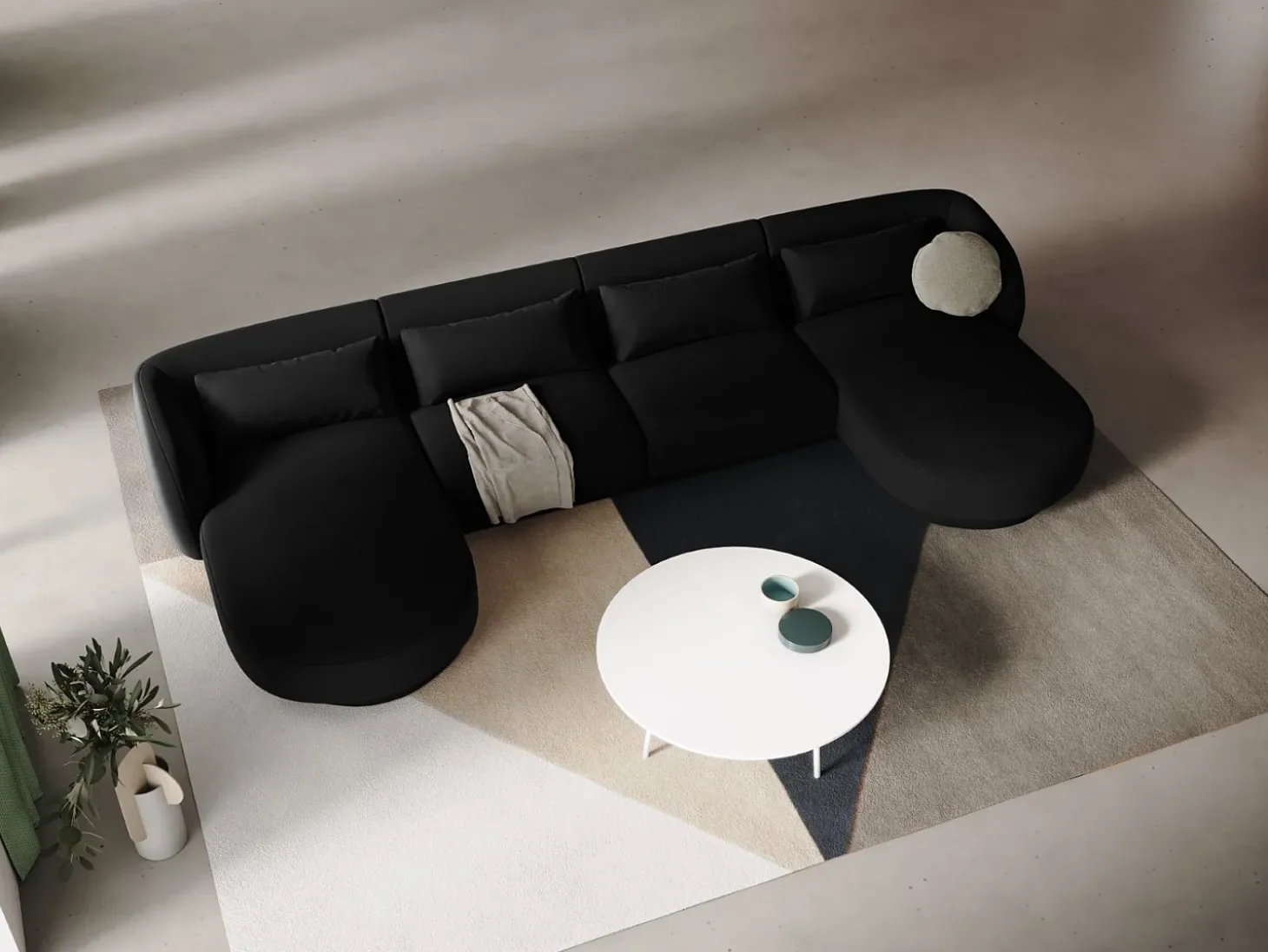 Cosmopolitan Design - Sofá panorâmico "Tulum" 5 lugares em veludo preto - 330x156x70cm