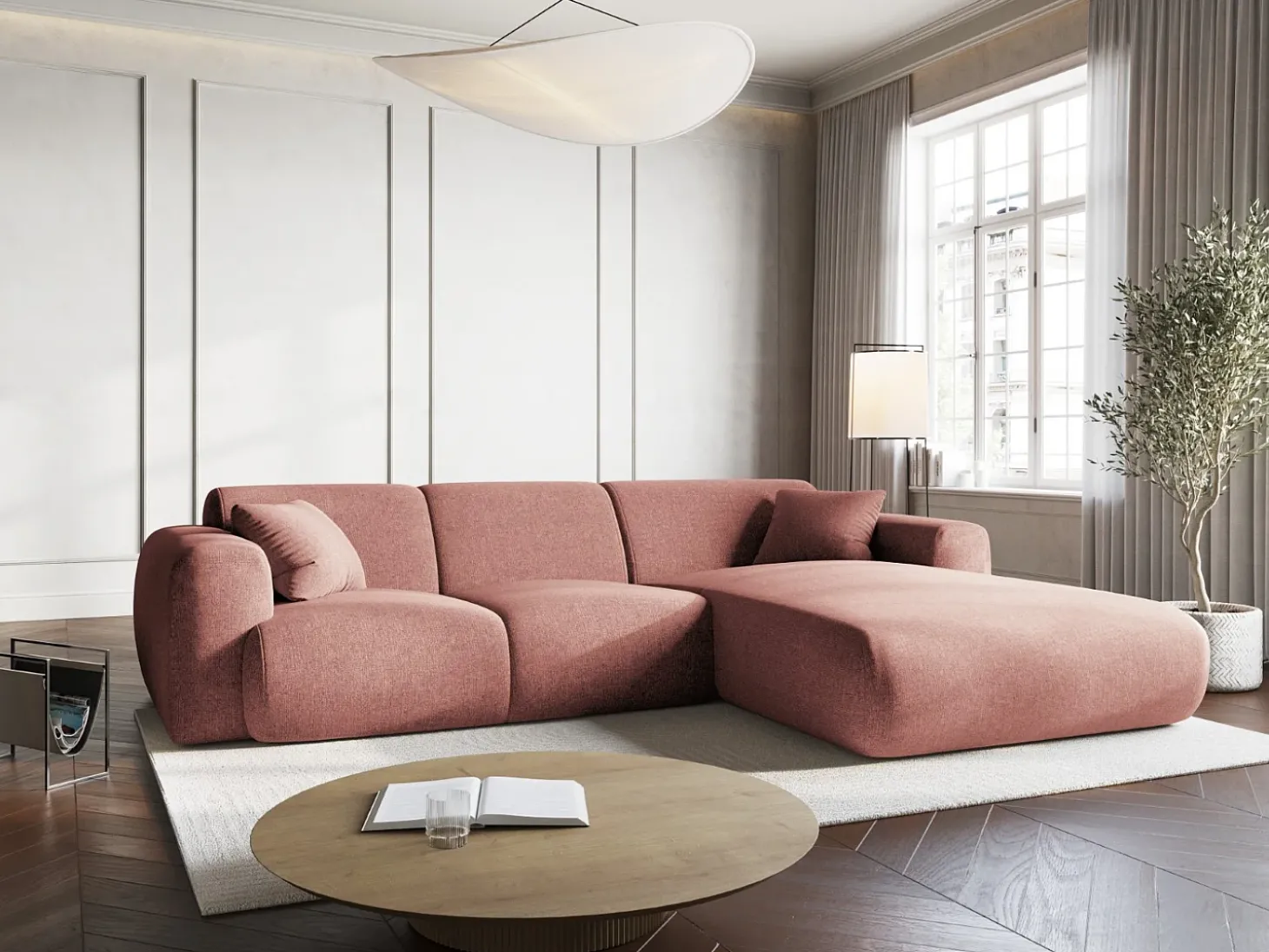 Cosmopolitan Design - Sofá de canto direito "Nolio" 4 lugares em tecido chenille rosa - 260x170x72cm