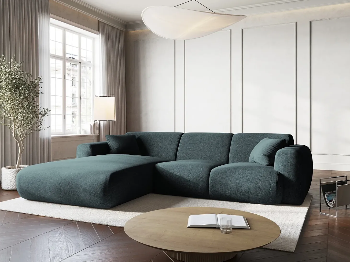 Cosmopolitan Design - Sofá de canto esquerdo "Nolio" 4 lugares em tecido chenille petróleo - 260x170x72cm