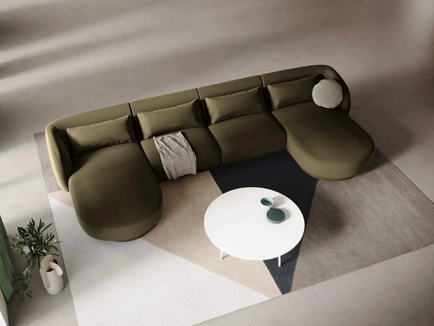 Cosmopolitan Design - Sofá panorâmico "Tulum" 5 lugares em veludo verde - 330x156x70cm