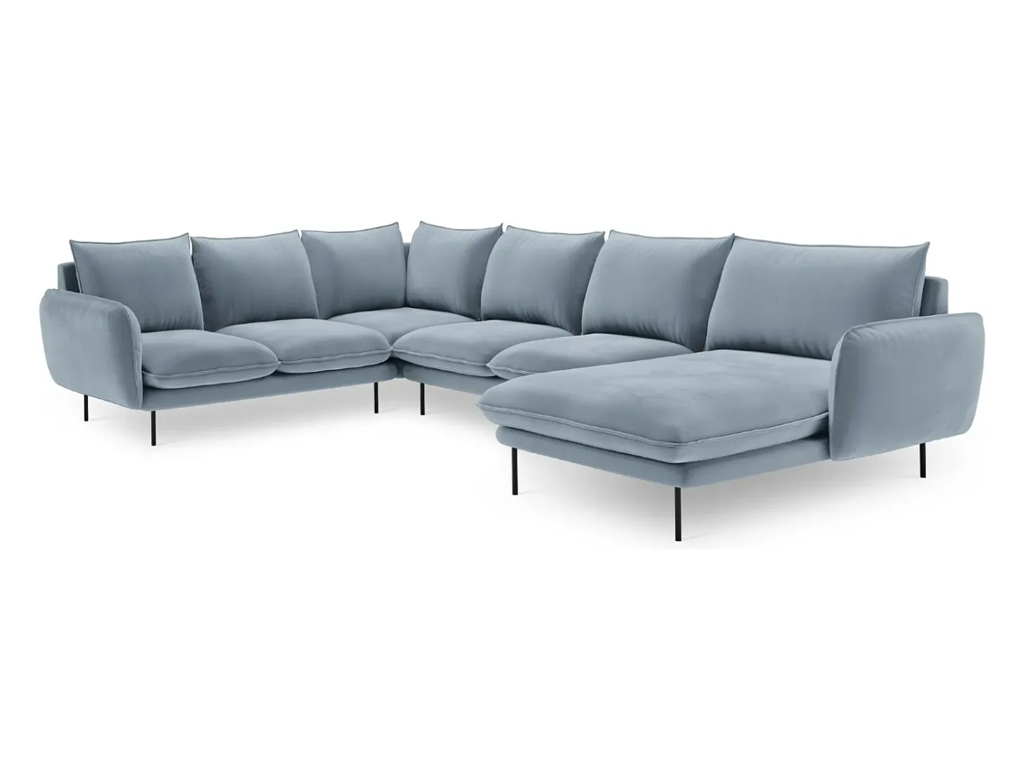 Cosmopolitan Design - Sofá de canto panorâmico à esquerda "Vienna" 7 lugares em veludo azul claro - 330x235x95cm