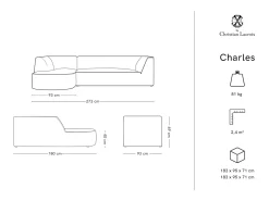 CXL by Christian Lacroix - Sofá de canto esquerdo "Charles" 4 lugares em veludo bege claro - 273x180x69cm