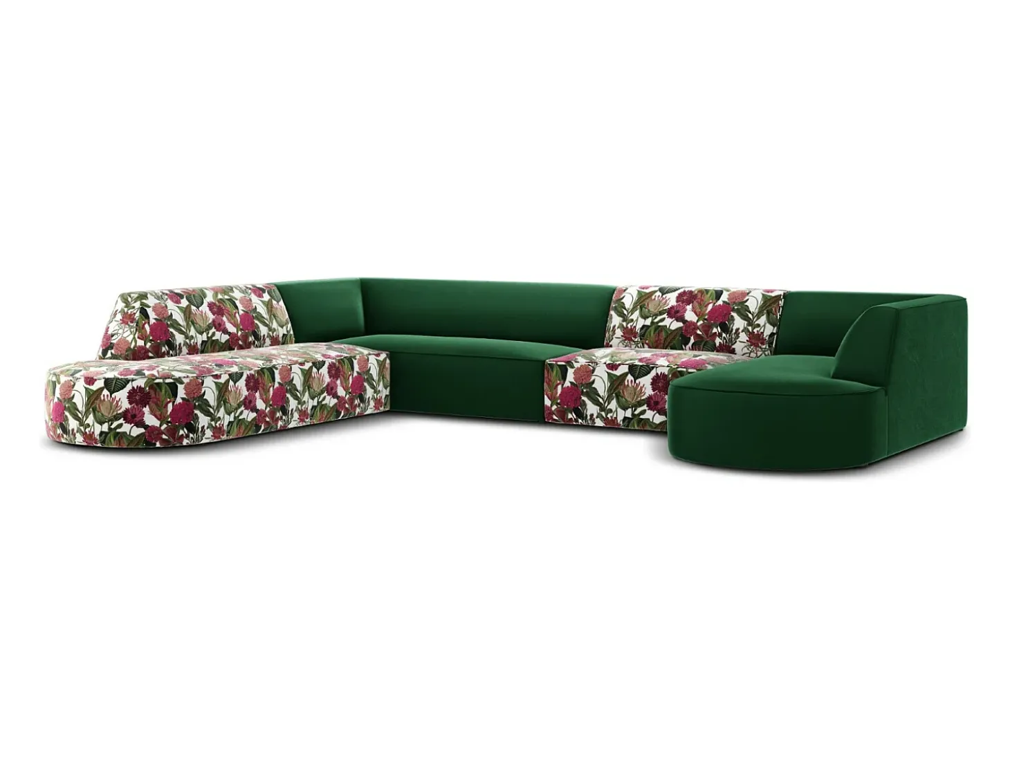 CXL by Christian Lacroix - Sofá de canto panorâmico à esquerda "Charles" 7 lugares em veludo padrão de rosas de jardim, verde - 366x273x69cm