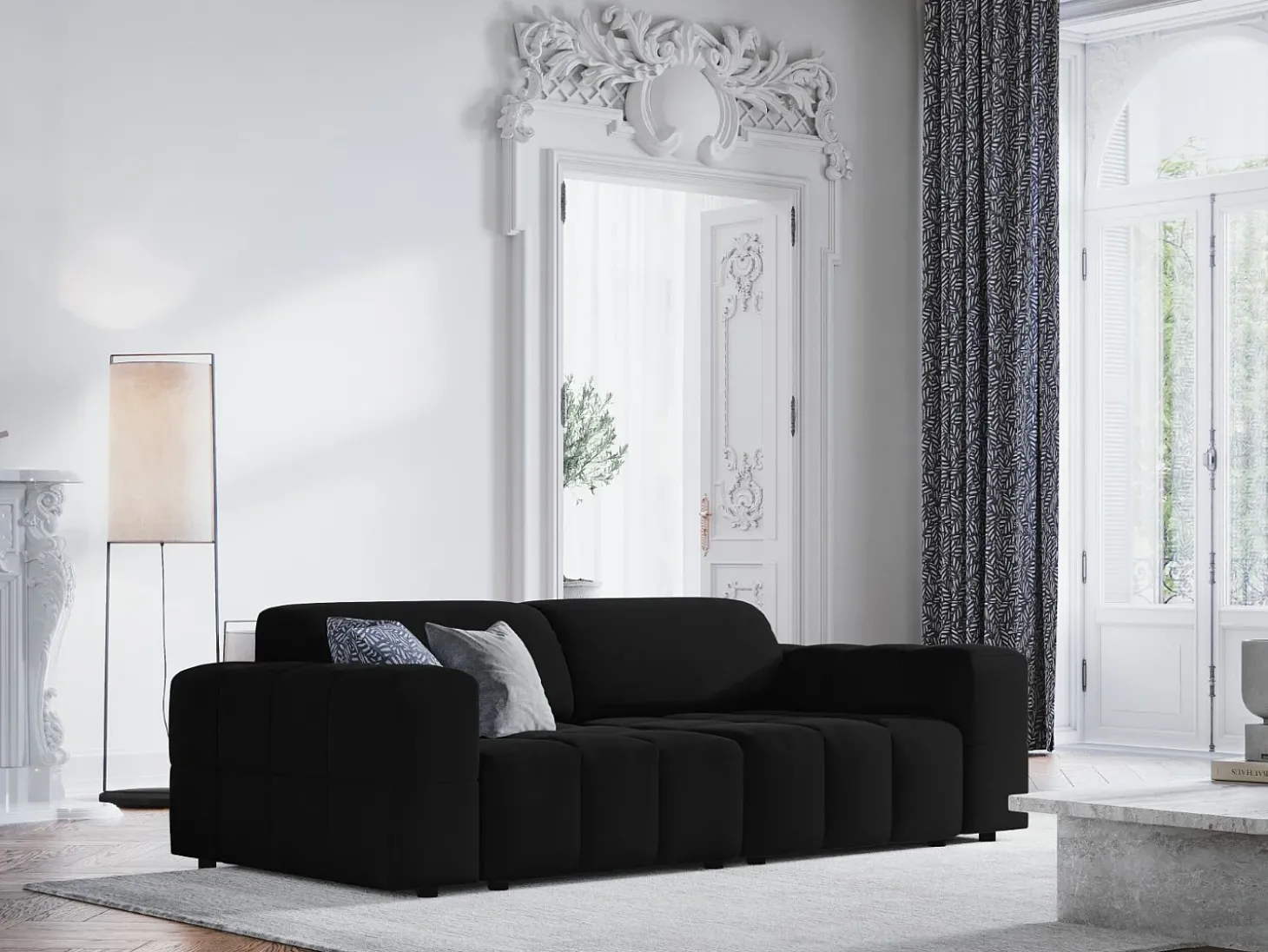 CXL by Christian Lacroix - Sofá "Luc" 3 lugares em veludo preto - 204x102x70cm