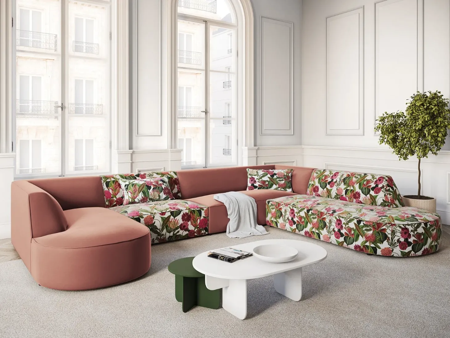 CXL by Christian Lacroix - Sofá de canto direito panorâmico "Charles" 7 lugares em veludo padrão de rosas de jardim, rosa - 366x273x69cm