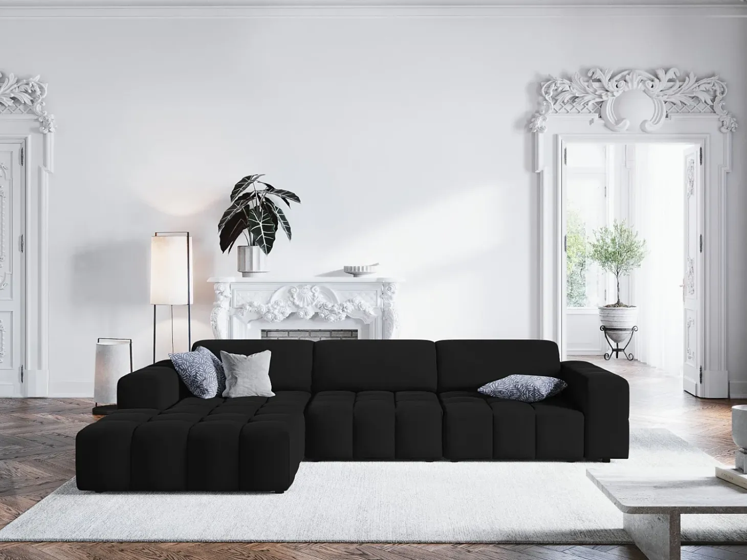 CXL by Christian Lacroix - Sofá de canto esquerdo "Luc" 4 lugares em veludo preto - 284x166x70cm