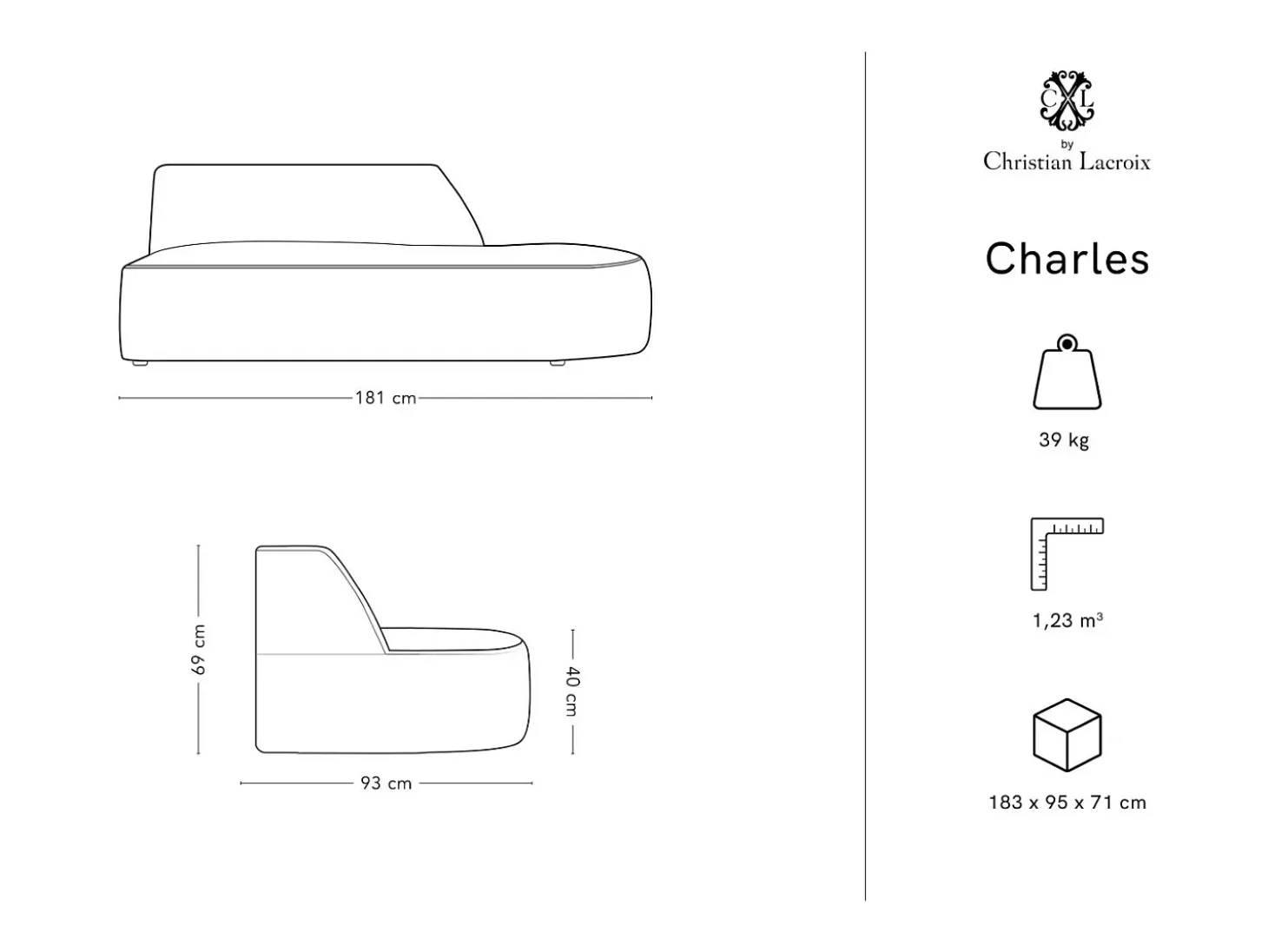CXL by Christian Lacroix - Sofá modular direito "Charles" 2 lugares em veludo rosa - 181x93x69cm