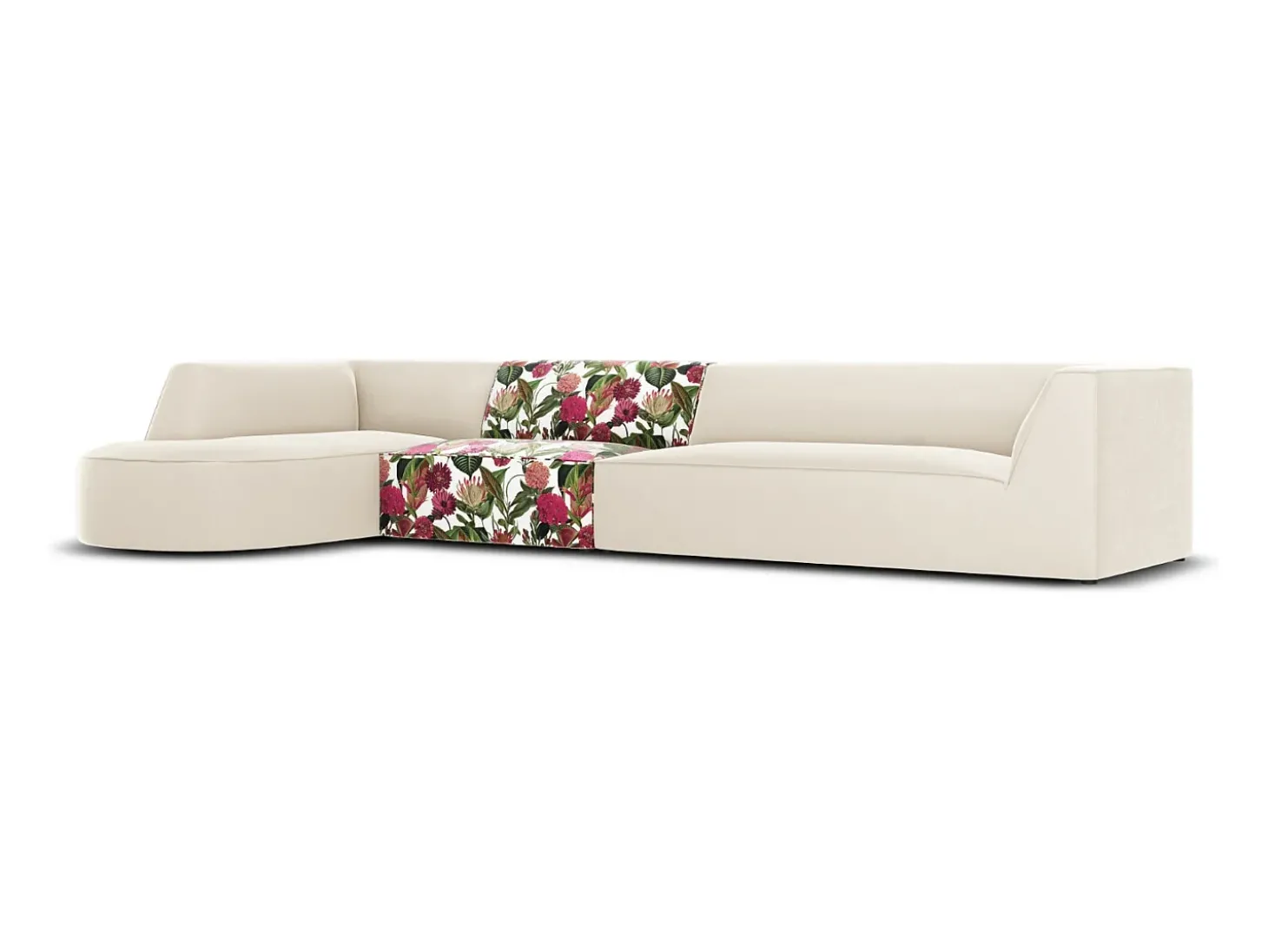 CXL by Christian Lacroix - Sofá de canto esquerdo "Charles" 5 lugares em veludo padrão de rosas de jardim, bege - 366x180x69cm