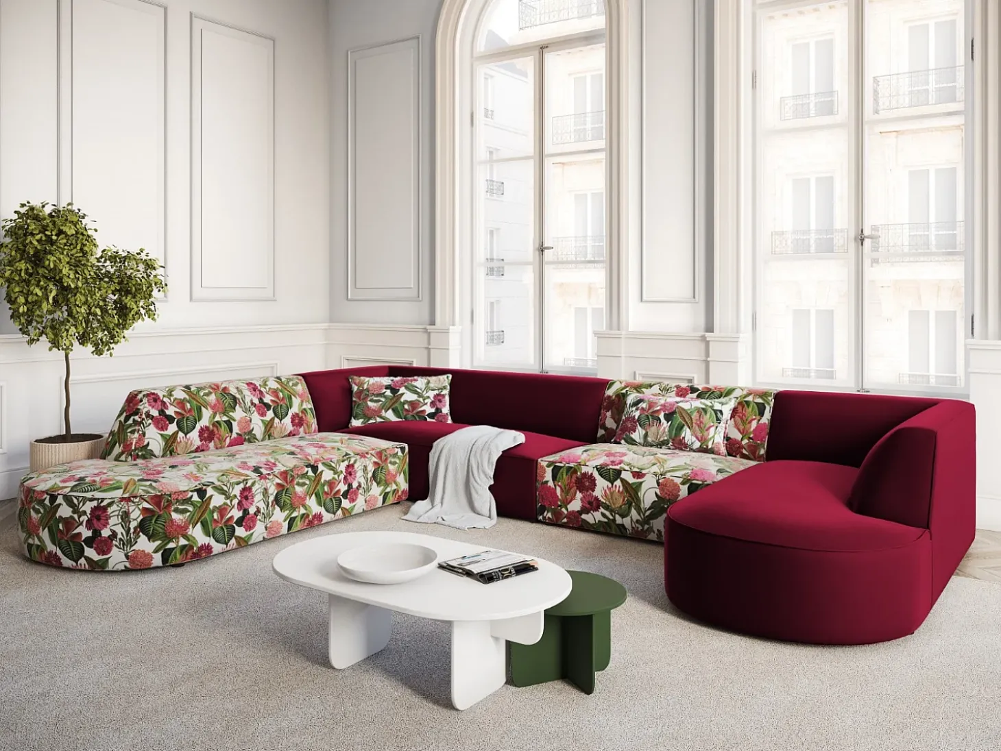 CXL by Christian Lacroix - Sofá de canto panorâmico à esquerda "Charles" 7 lugares em veludo padrão de rosas de jardim, vermelho - 366x273x69cm