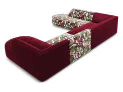 CXL by Christian Lacroix - Sofá de canto panorâmico à esquerda "Charles" 7 lugares em veludo padrão de rosas de jardim, vermelho - 366x273x69cm