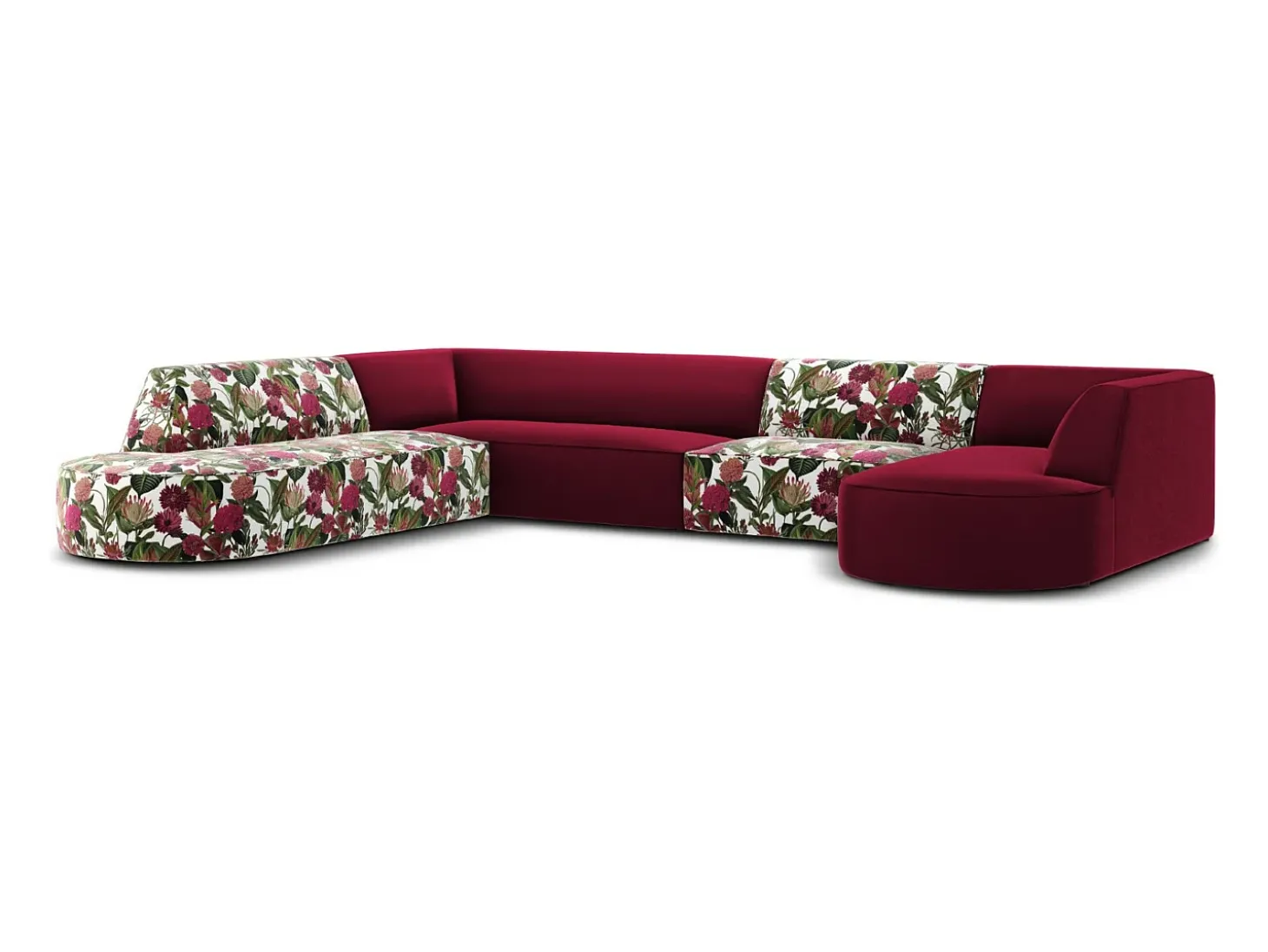 CXL by Christian Lacroix - Sofá de canto panorâmico à esquerda "Charles" 7 lugares em veludo padrão de rosas de jardim, vermelho - 366x273x69cm