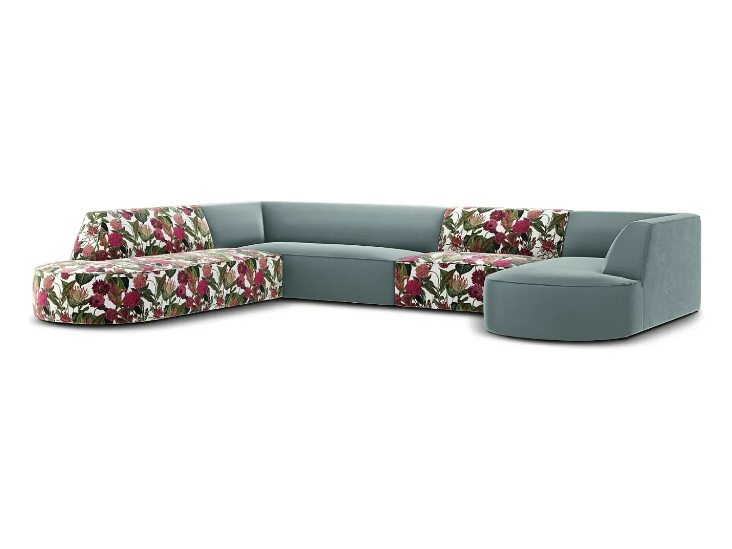 CXL by Christian Lacroix - Sofá de canto panorâmico à esquerda "Charles" 7 lugares em veludo padrão rosa jardim, menta - 366x273x69cm